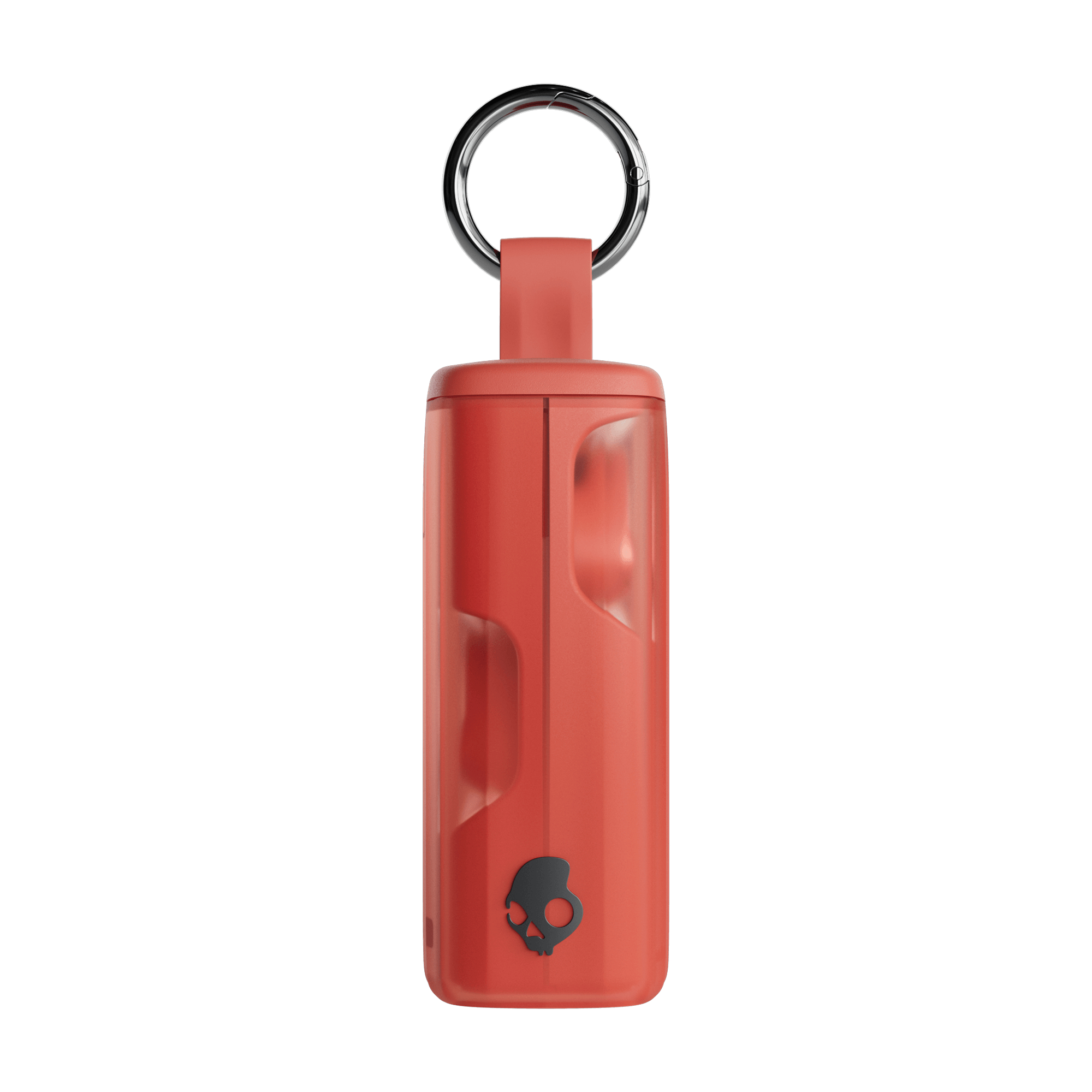 Roter Skullcandy-Schlüsselanhänger mit schwarzem Totenkopf-Logo.