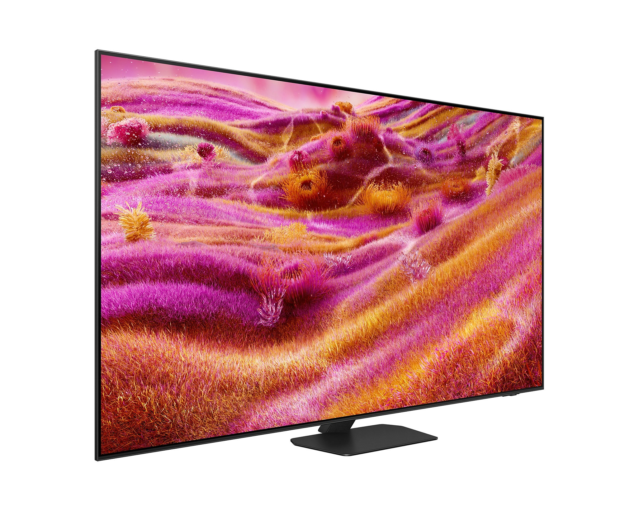Egy Samsung TV fehér háttéren, jobbra dőlve.