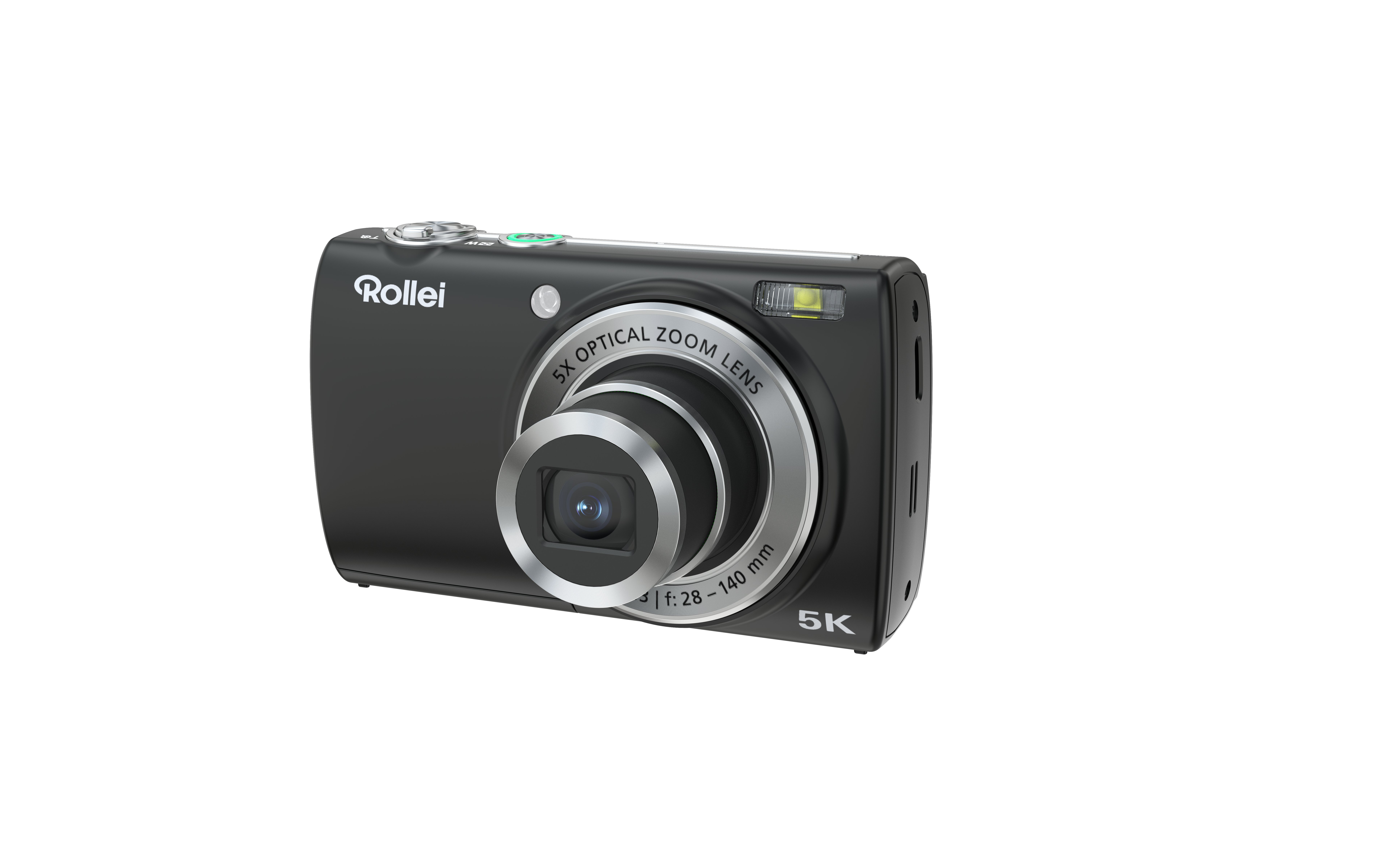 Schwarze Digitalkamera mit 5x optischem Zoomobjektiv. Das Objektiv ist mittig.