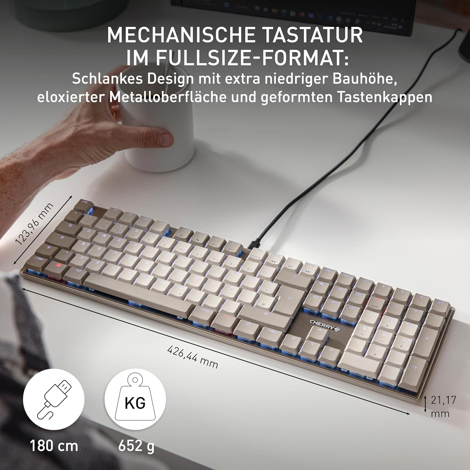 Mechanische Tastatur auf weißer Oberfläche mit Abmessungen und technischen Daten sichtbar.