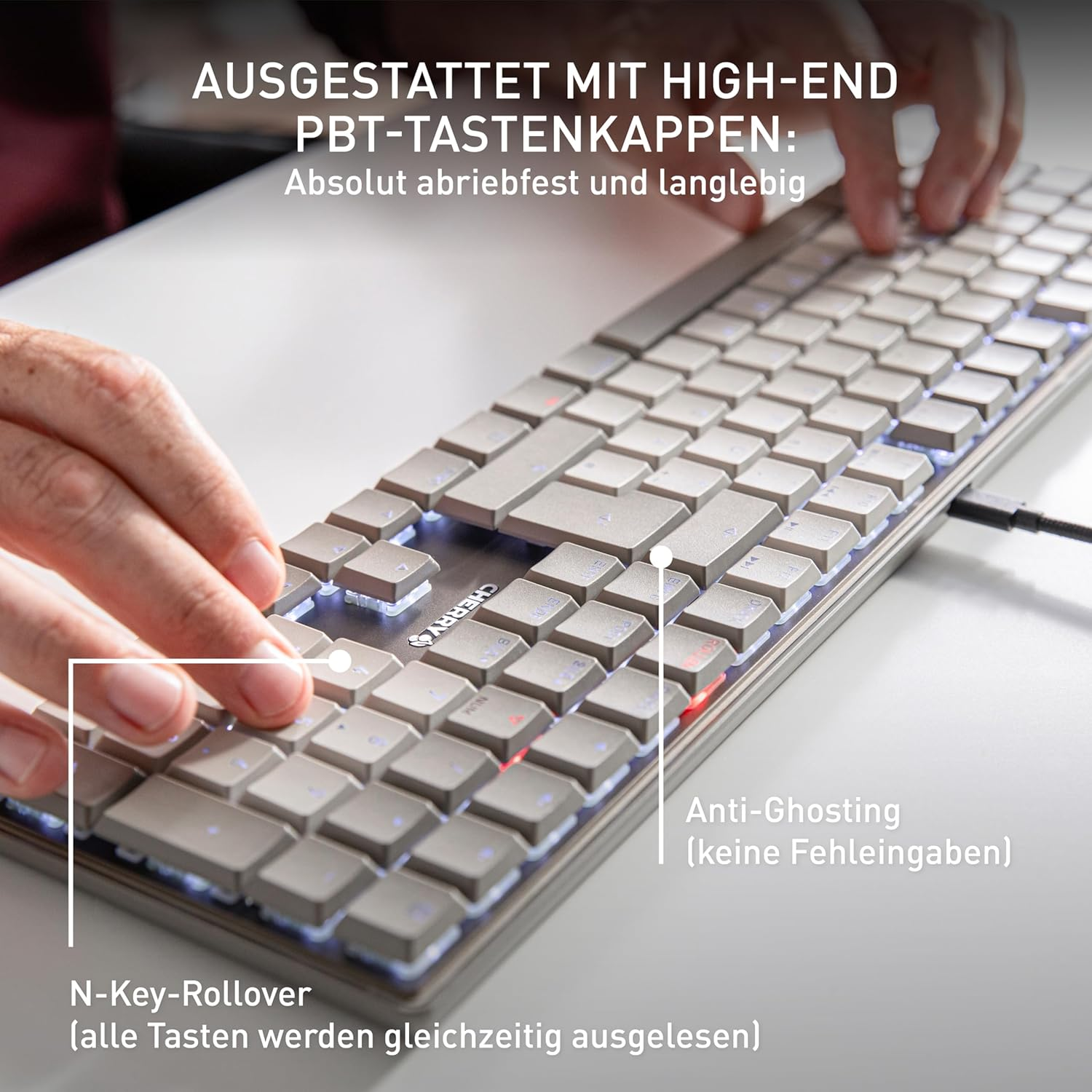 Hände tippen auf einer Tastatur, mit sichtbarem Text über Schlüsselfunktionen.