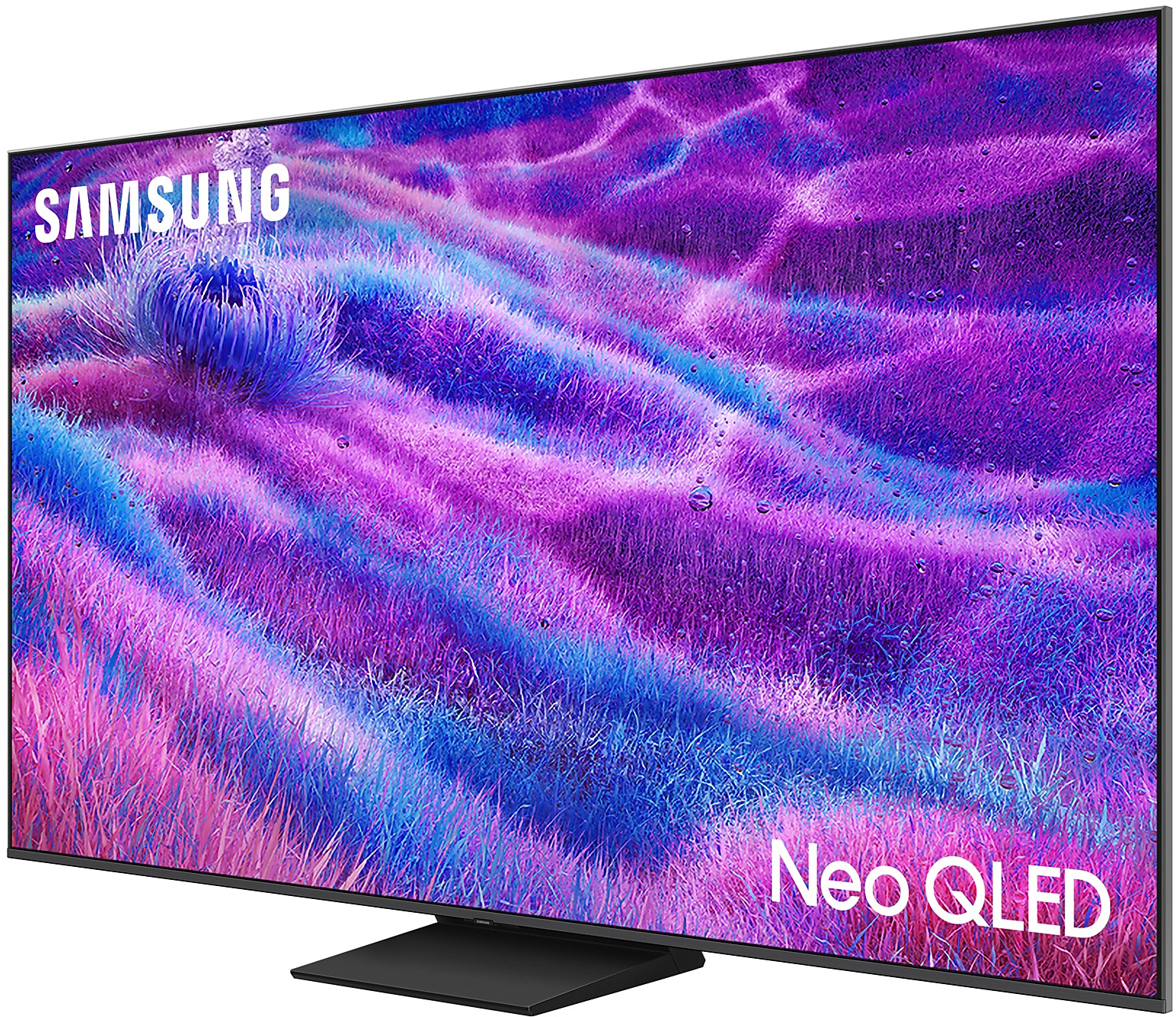 Nagy Samsung Neo QLED TV, fekete talppal, ferde nézet.
