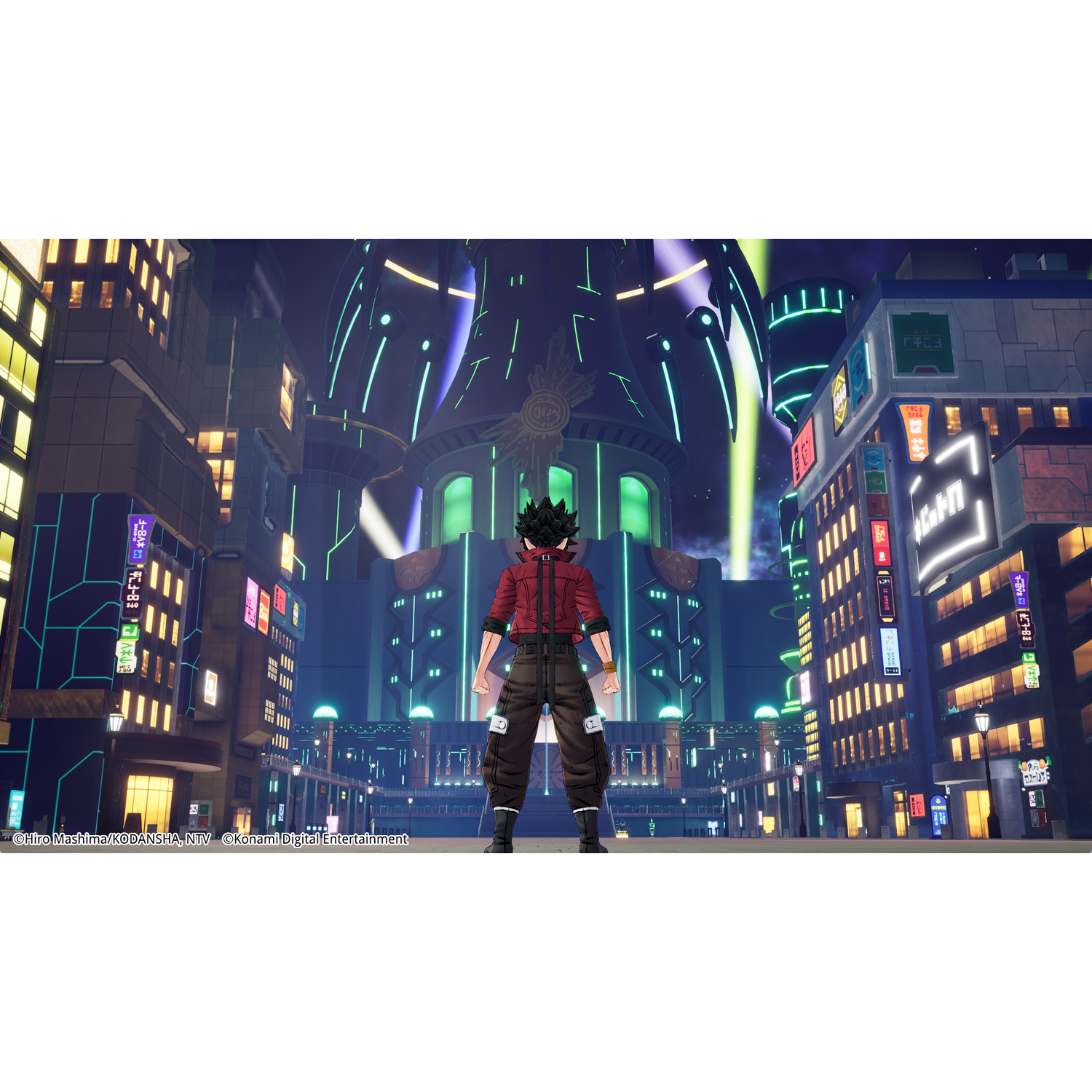 Un homme en veste rouge se tient dans une ville futuriste. Bâtiments avec des néons brillants en arrière-plan.
