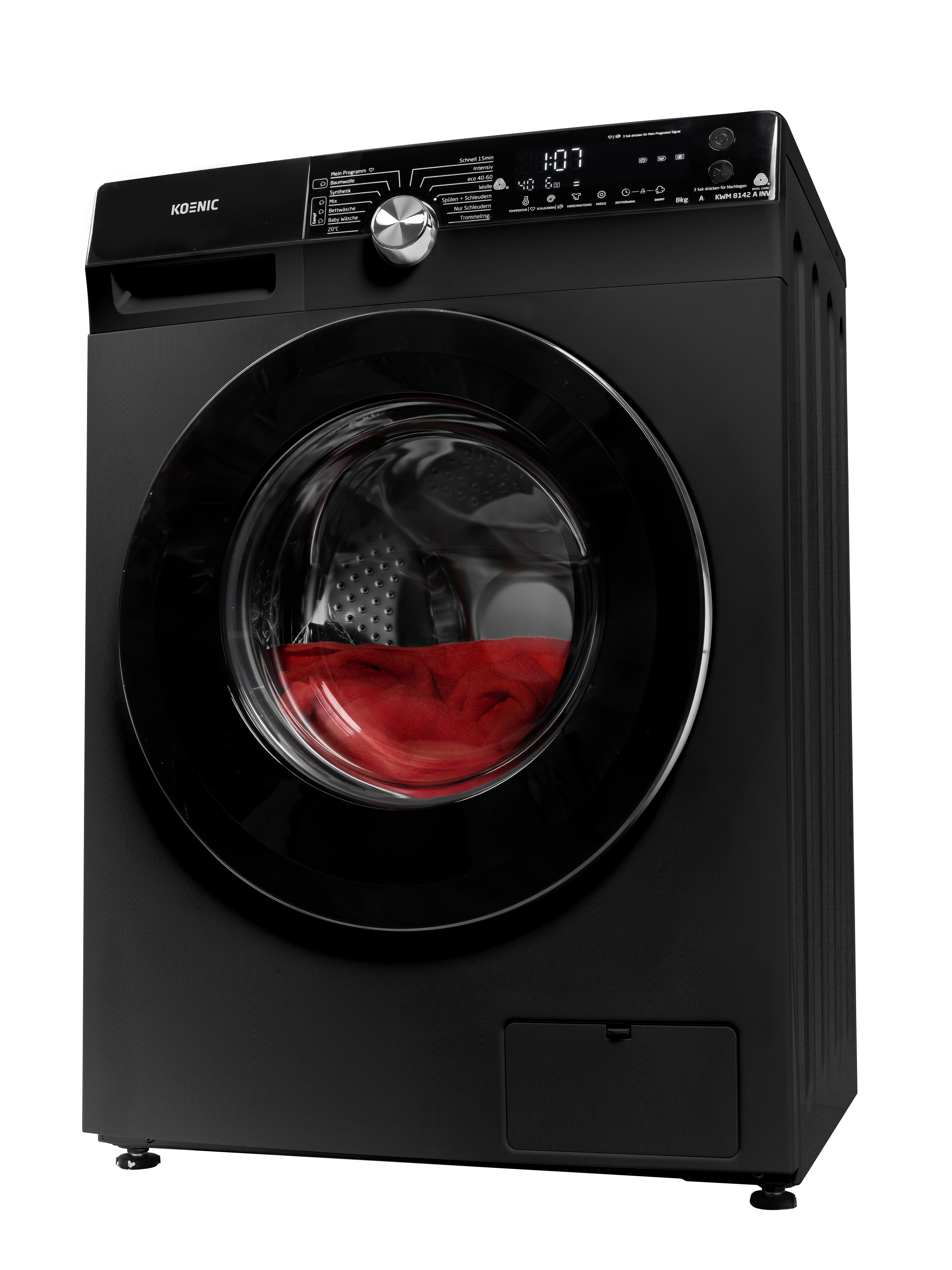 Schwarze Waschmaschine mit rotem Kleidungsstück durch die Glastür sichtbar.