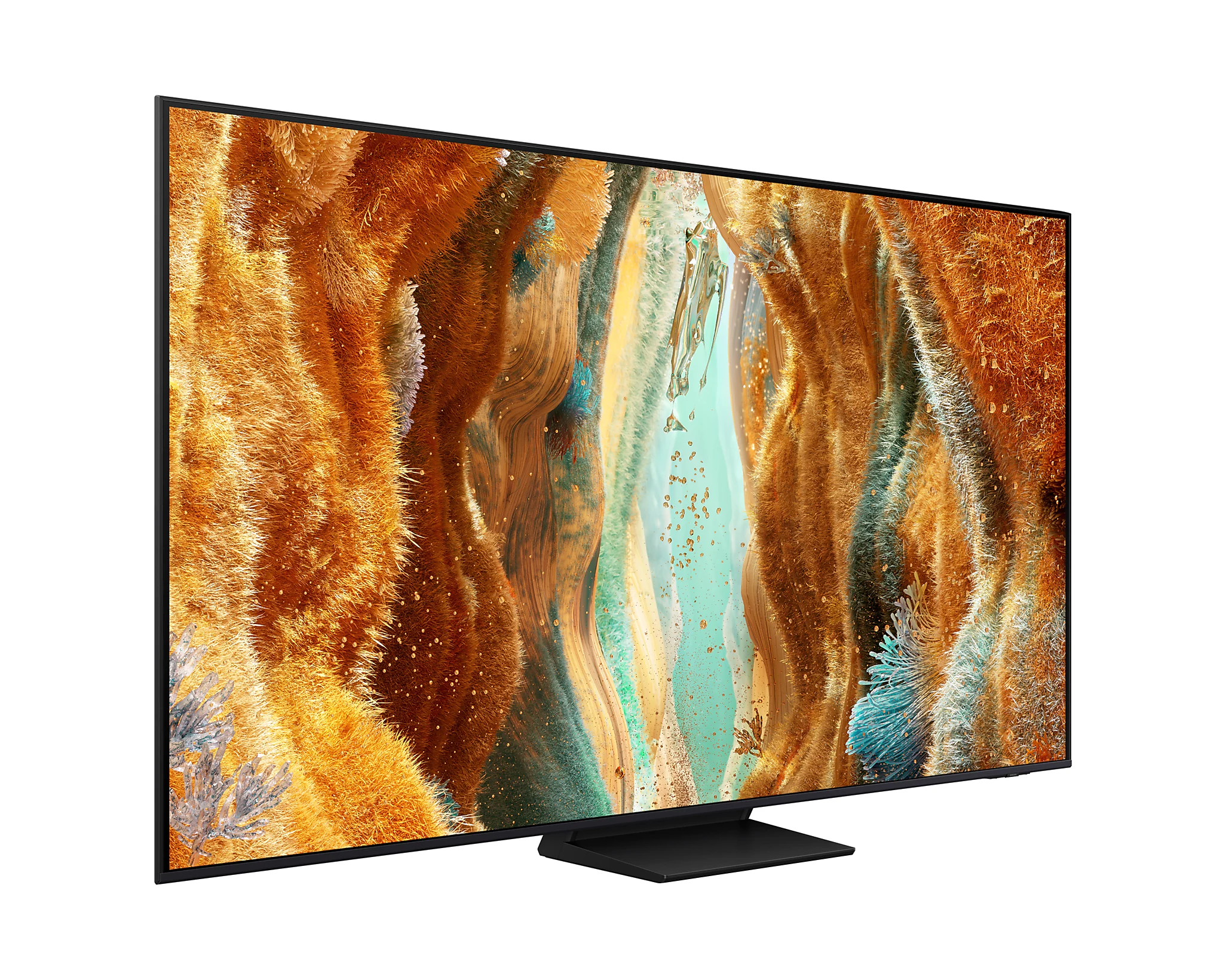 Egy nagy Samsung QLED TV kék-fehér absztrakt képet mutat, fekete állvánnyal.