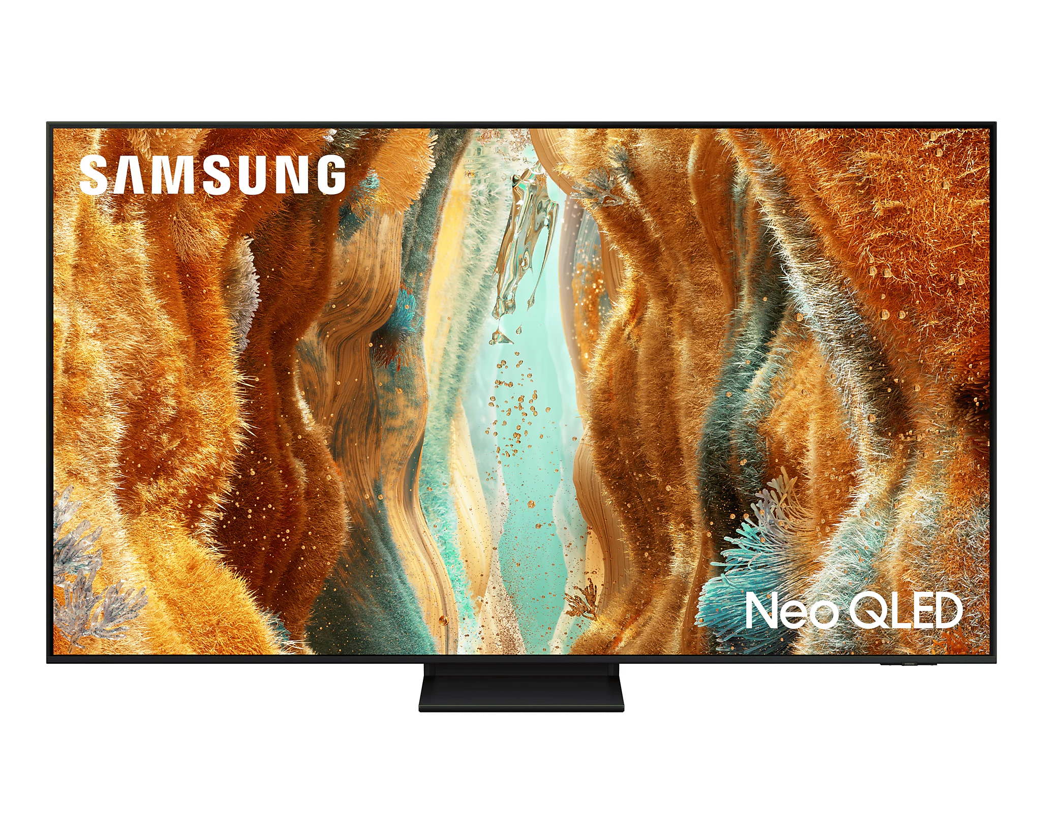 Egy Samsung Neo QLED TV egy színes, absztrakt képet jelenít meg, fekete állványon.