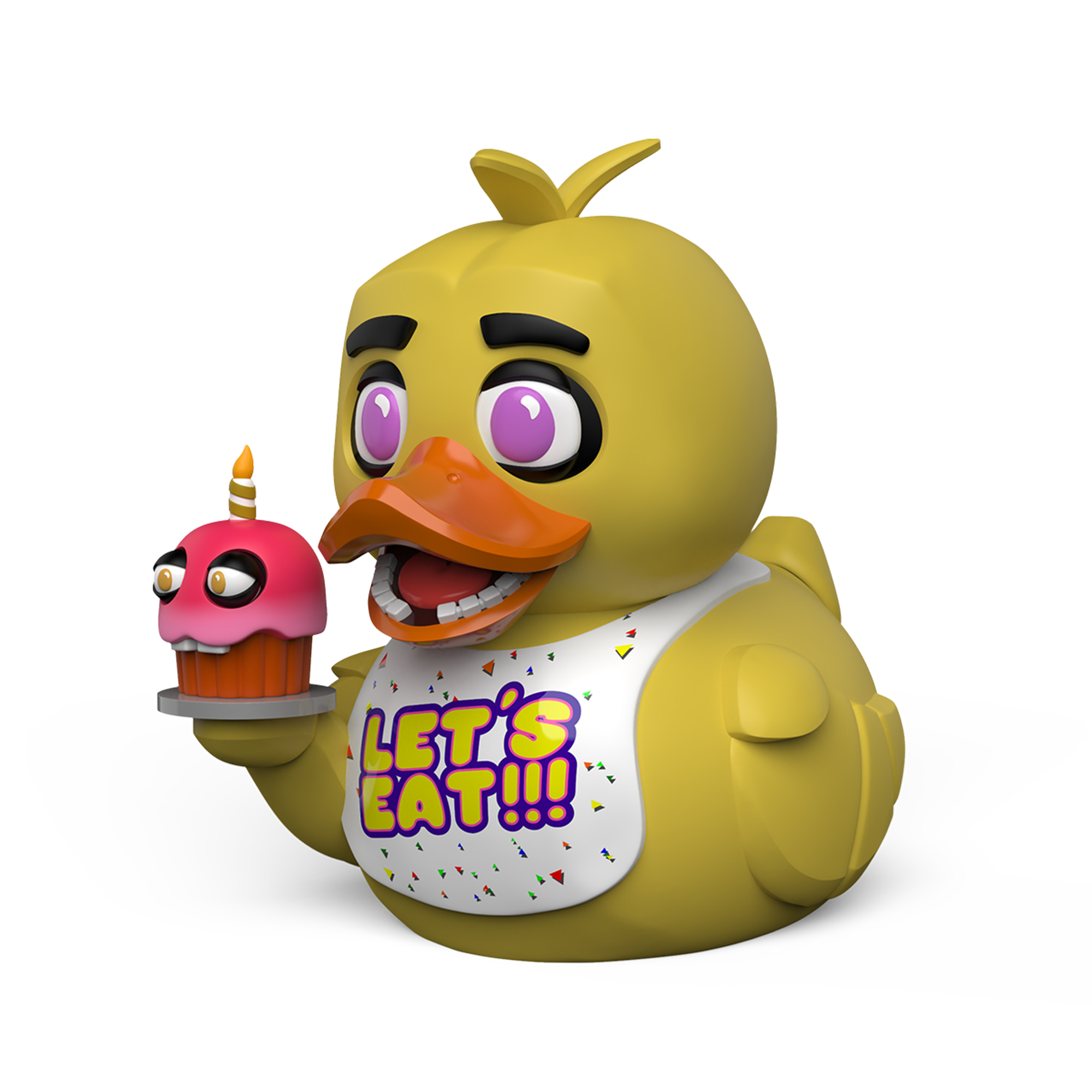 Egy sárga kacsa játék, 'LET'S EAT!!!' feliratú előkével, egy gyertyával meggyújtott cupcake-et tart.