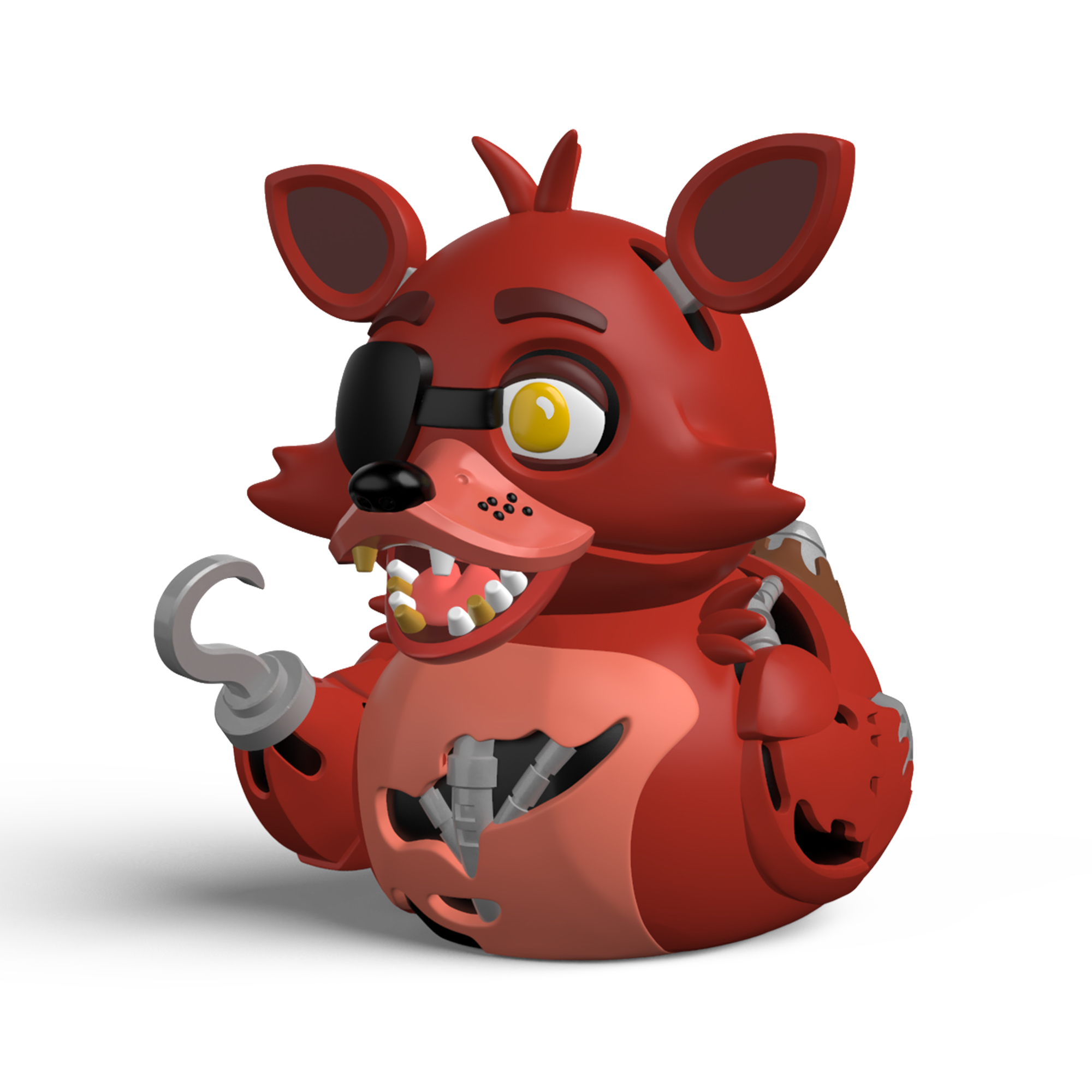 Egy piros Foxy figura horoggal és hiányzó mellrésszel, fehér háttér előtt.