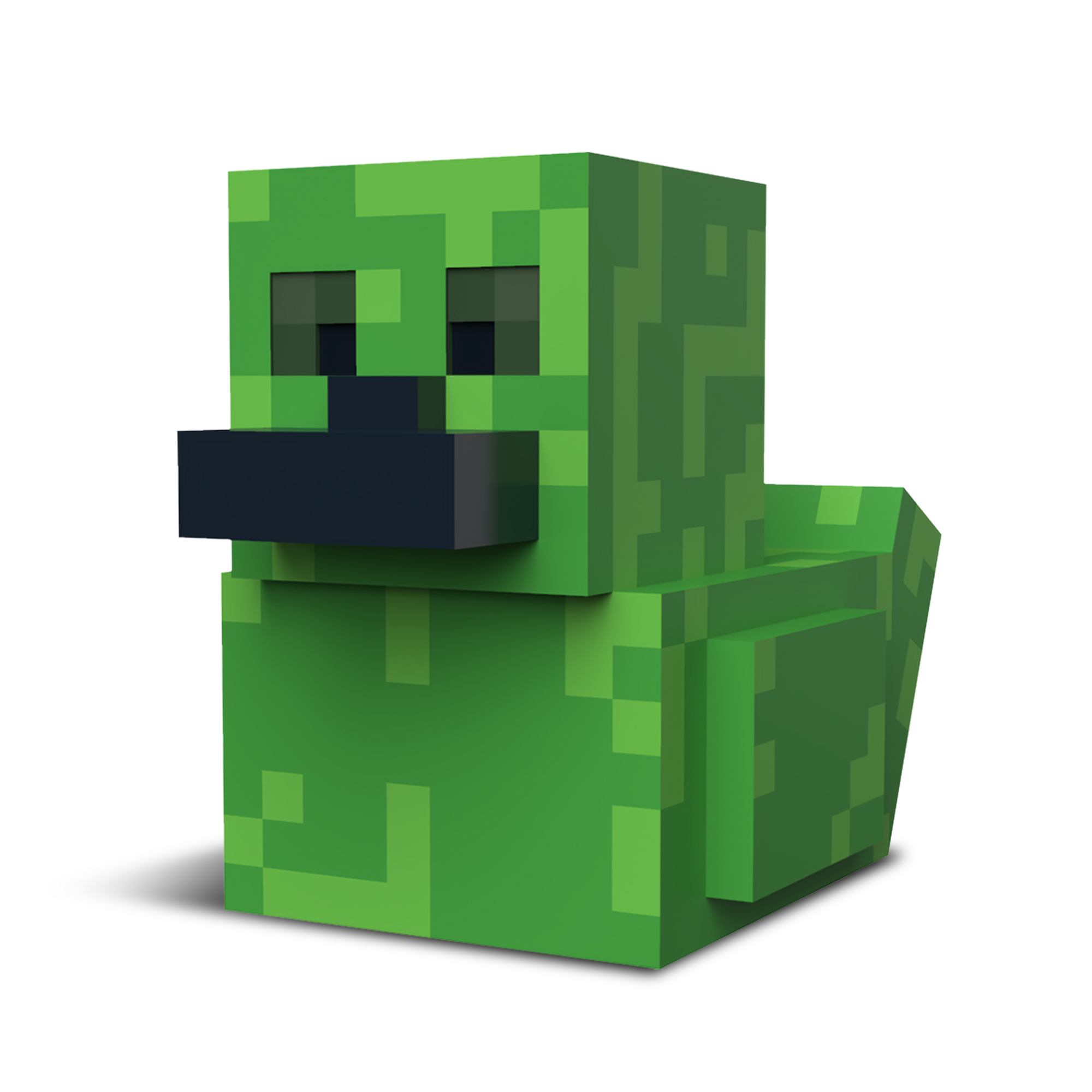 Zöld pixeles kacsa játék fekete csőrrel és szemekkel, fehér háttér.