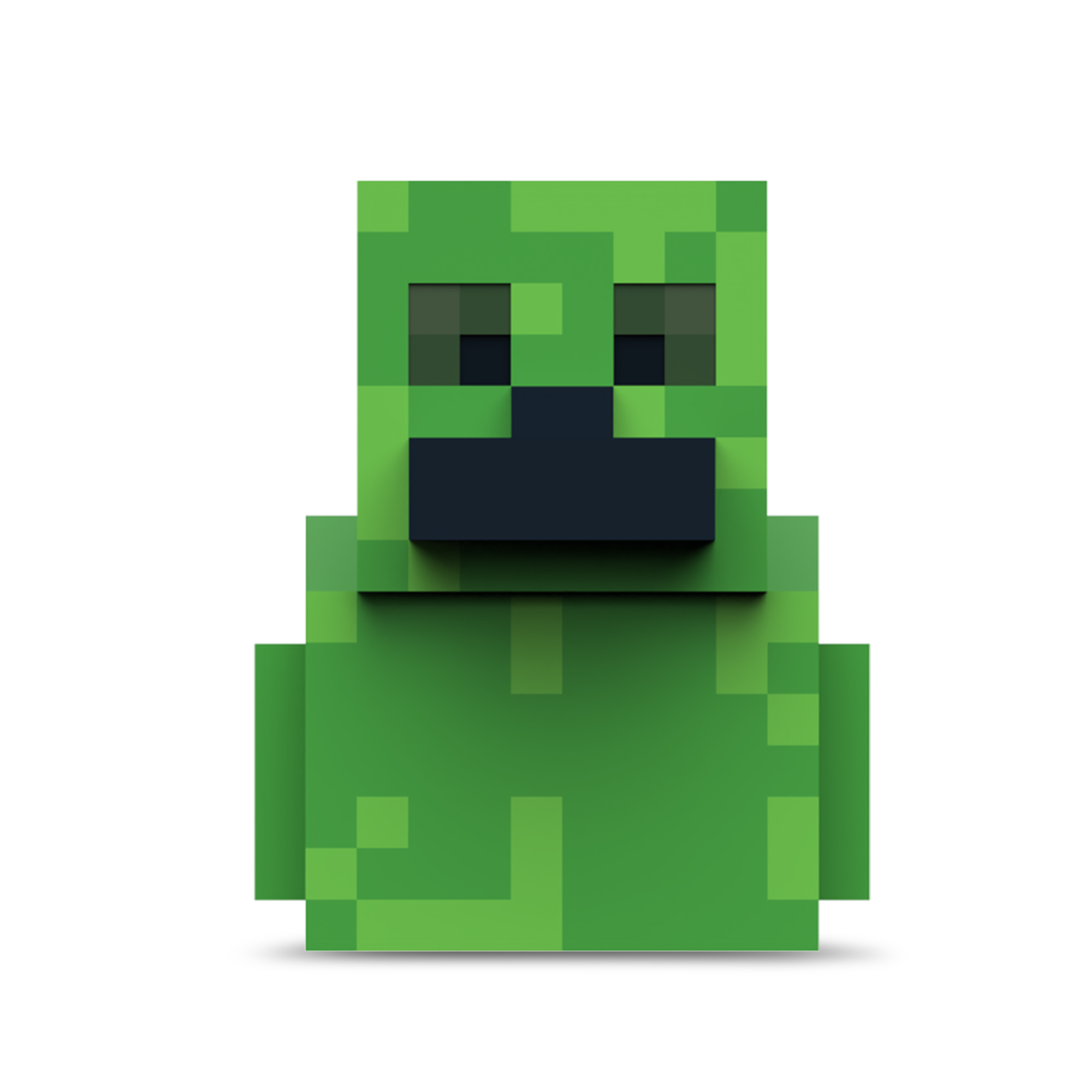 Egy zöld, pixeles Creeper a Minecraftból fehér háttér előtt.
