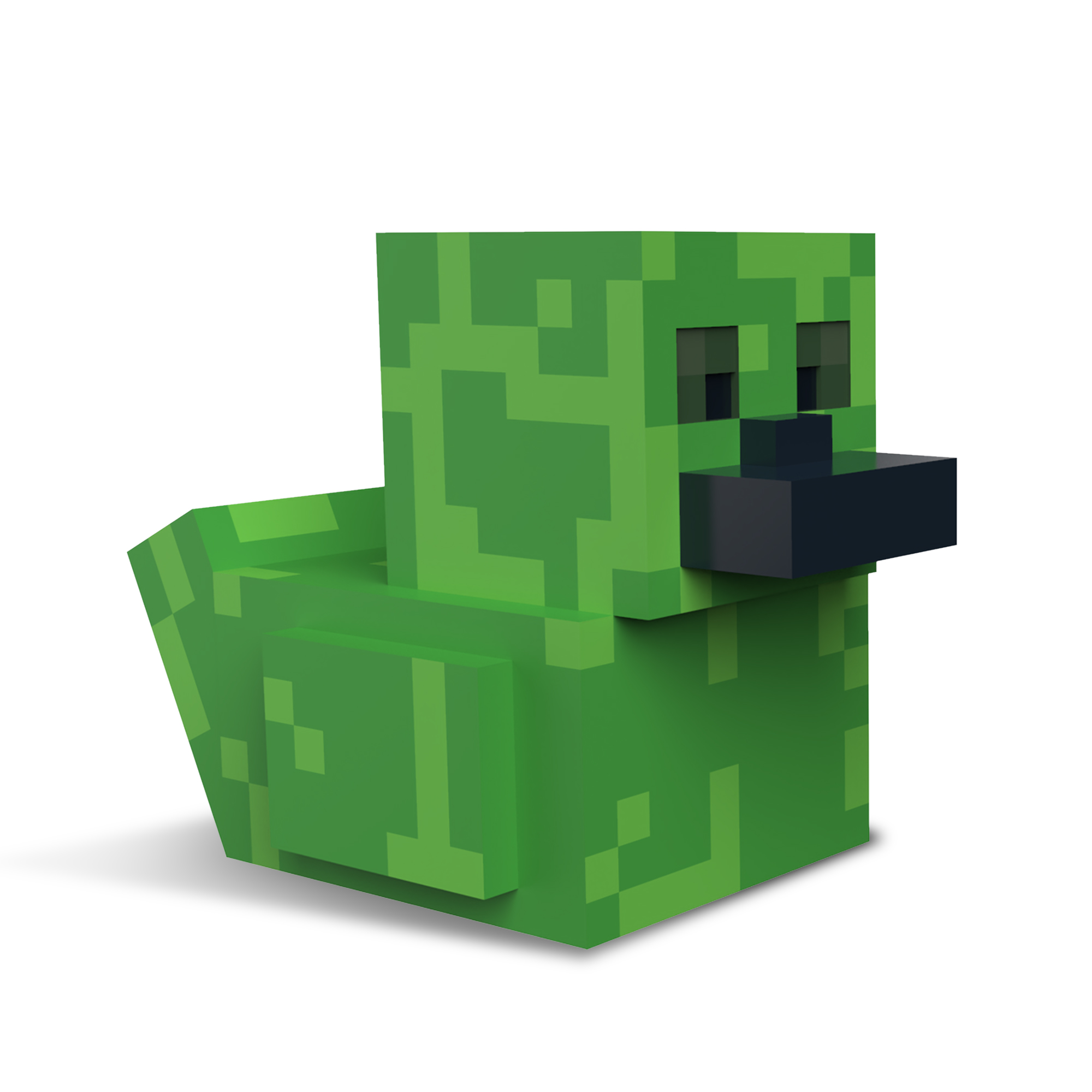 Egy zöld, blokkos, pixeles kacsajáték. Fehér háttéren áll.