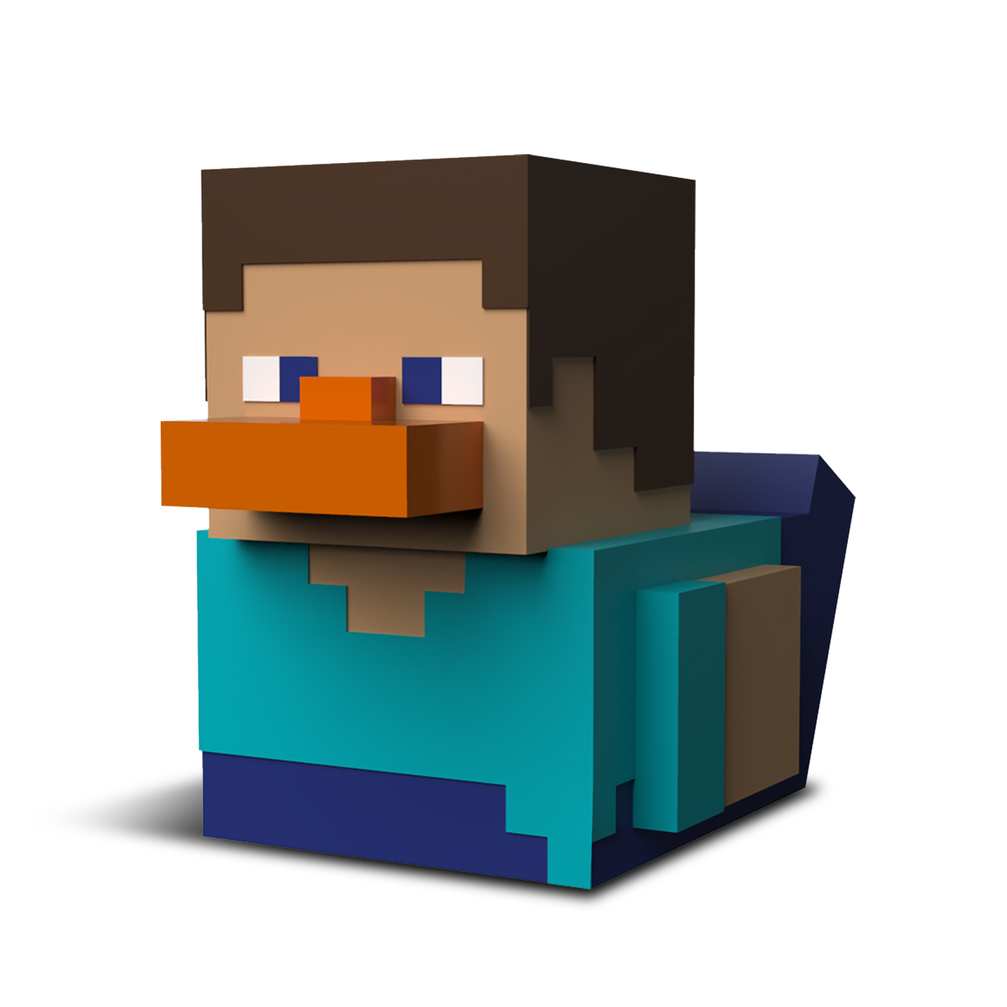 Minecraft Steve kacsa játék. Tömbös, kék inggel és barna hajjal.