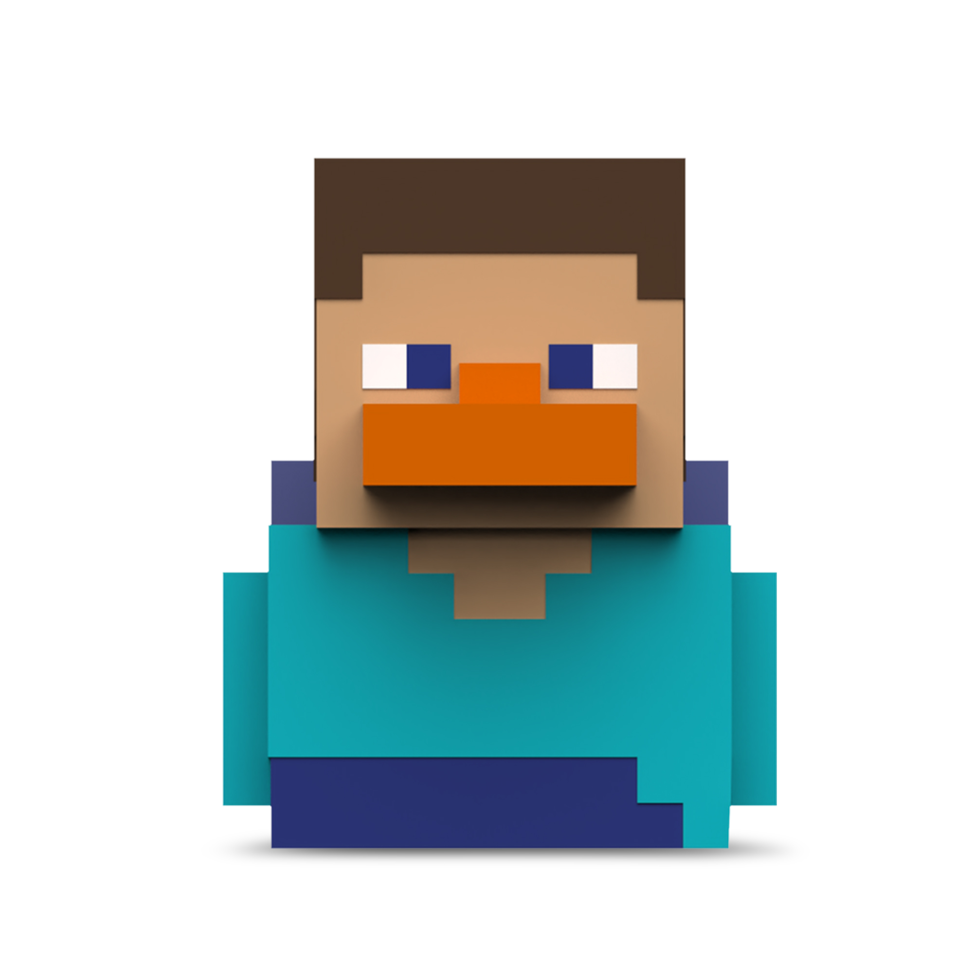 Pixelizált Minecraft karakter: szögletes fej, barna haj, narancssárga száj, kék ing.