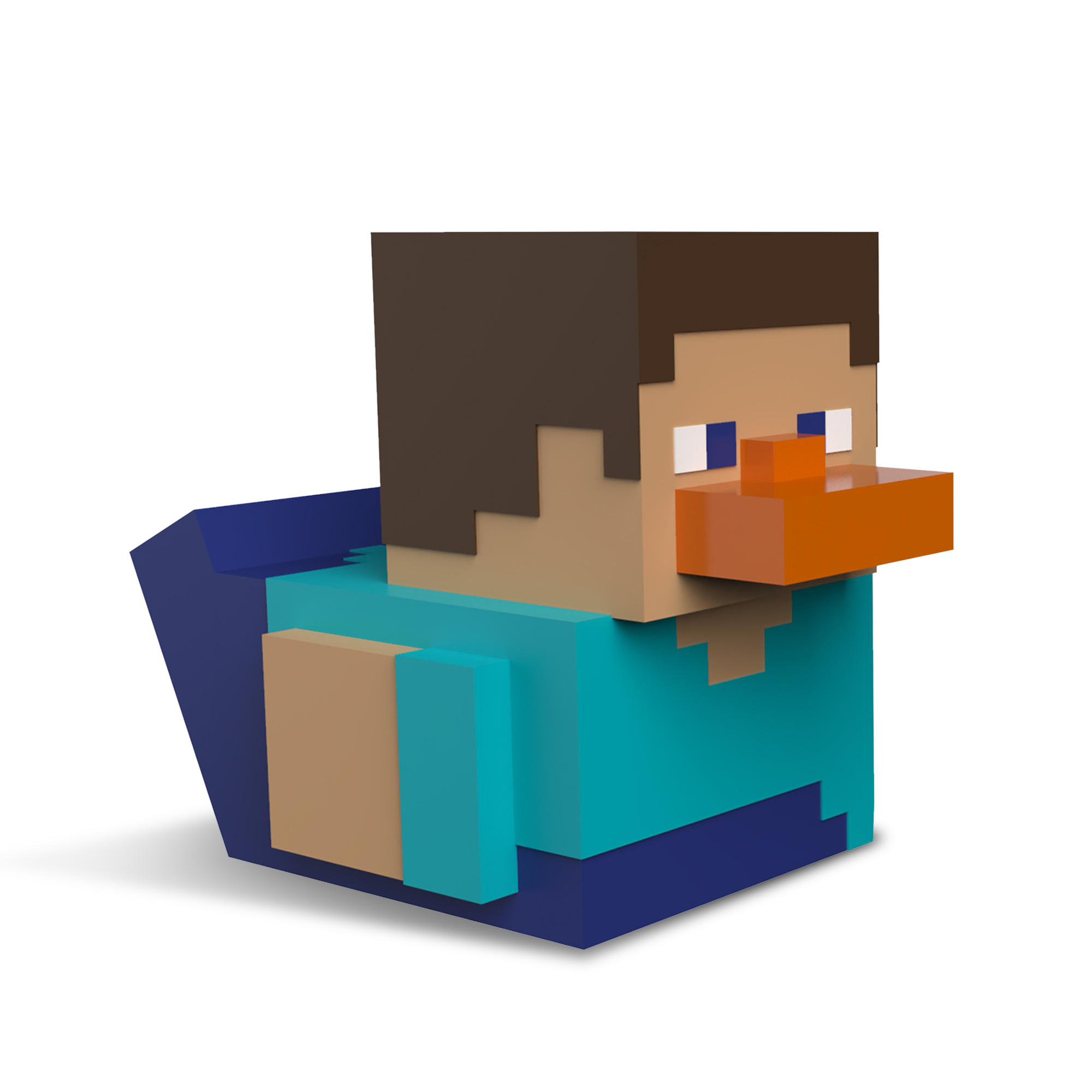 Minecraft Steve játék, barna haj, kék ing, narancssárga orr.