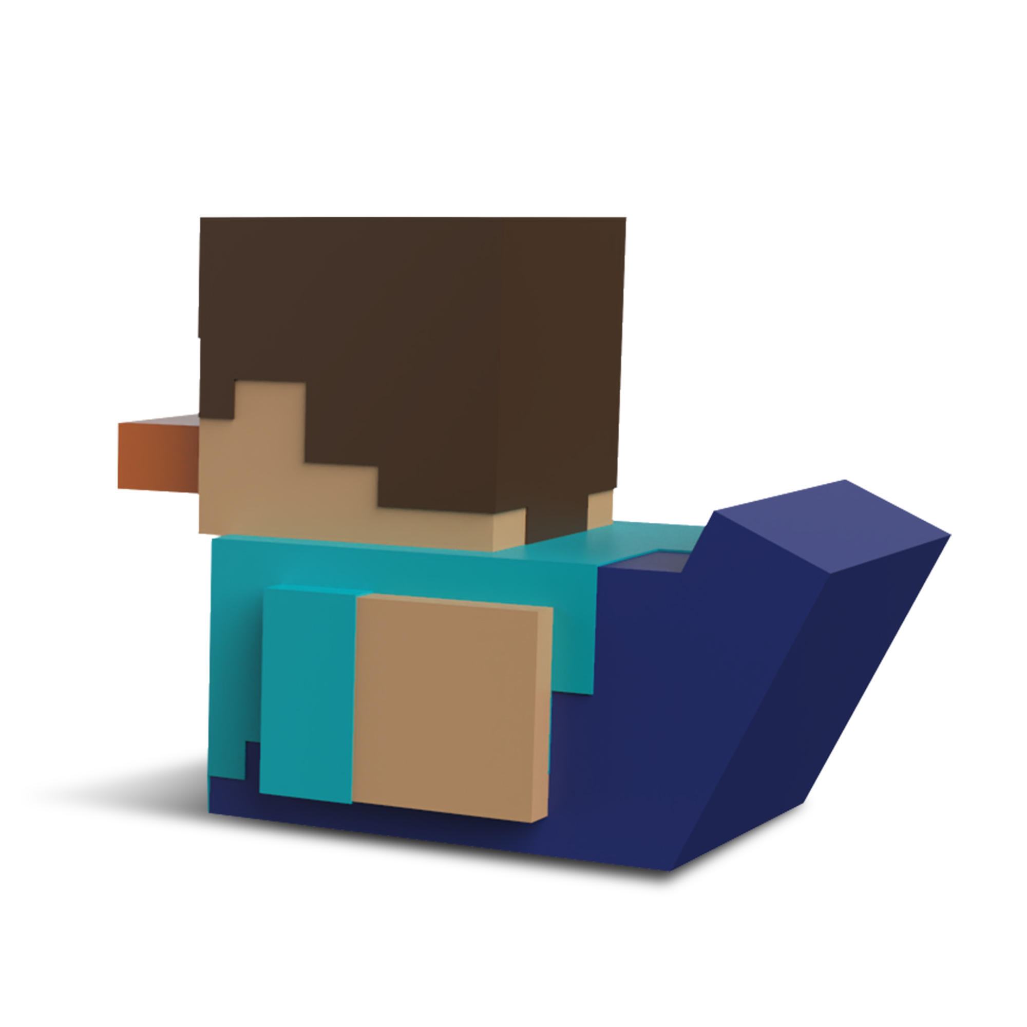 Minecraft Steve kacsa játék, oldalsó nézet. Tömbös, barna hajjal és kék inggel.