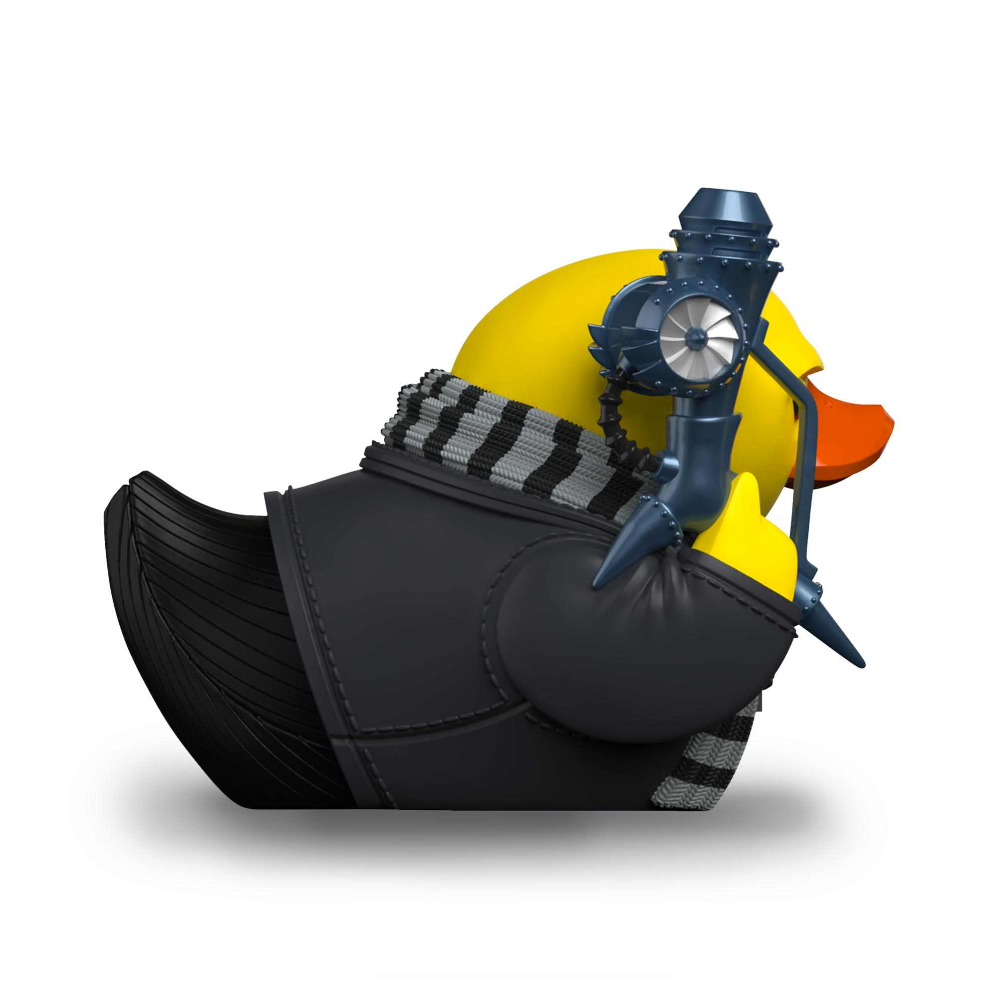 Sárga gumikacsa steampunk dizájnnal: szemüveg, propeller és fekete kabát.