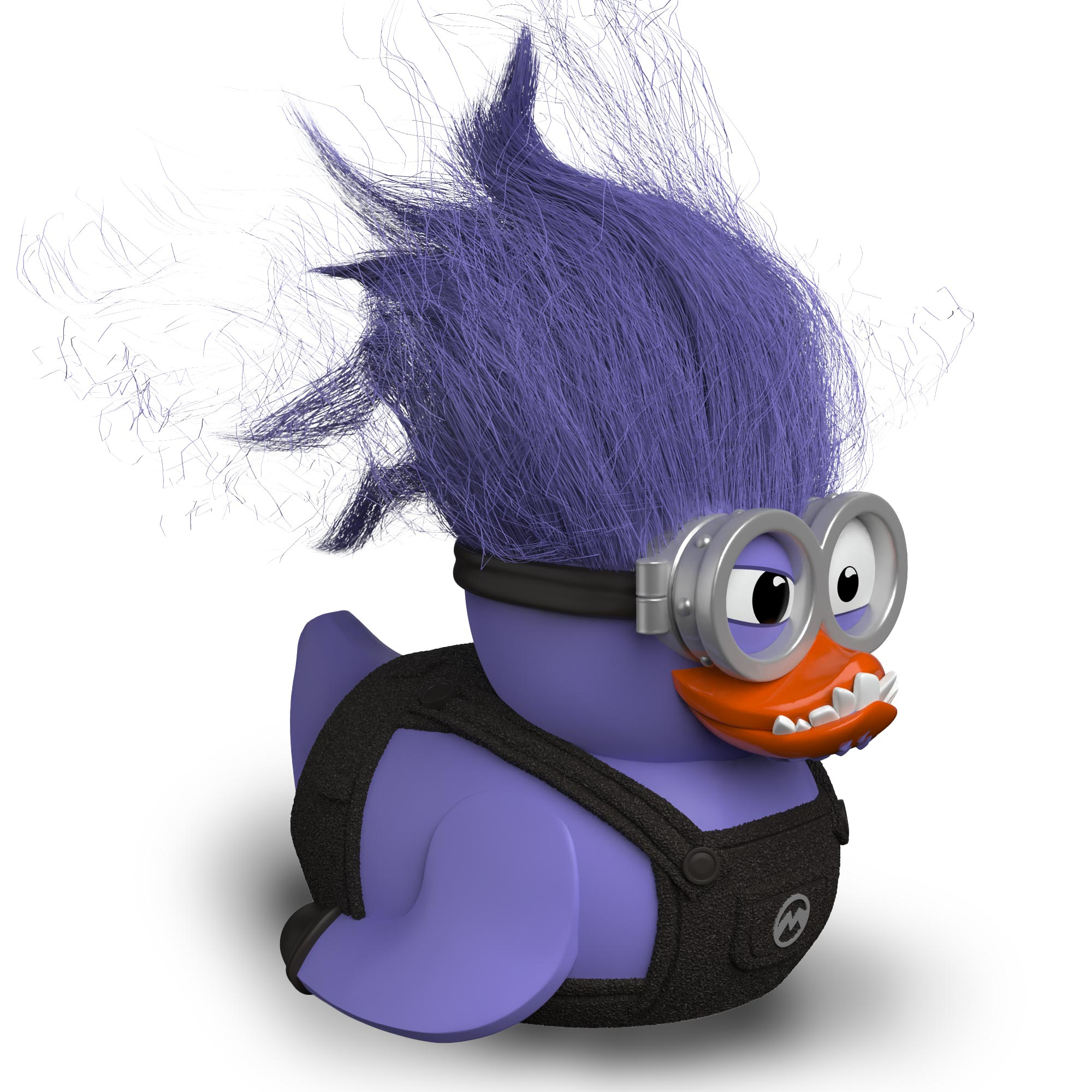 Egy lila gumikacsa minion stílusú szemüveggel és fekete kantáros nadrággal.
