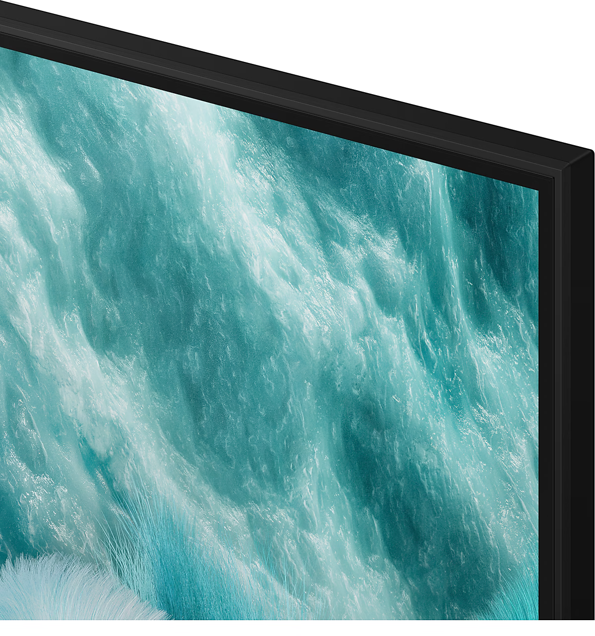 Közelkép egy TV-képernyőről kék és fehér örvénylő vízmintákkal.