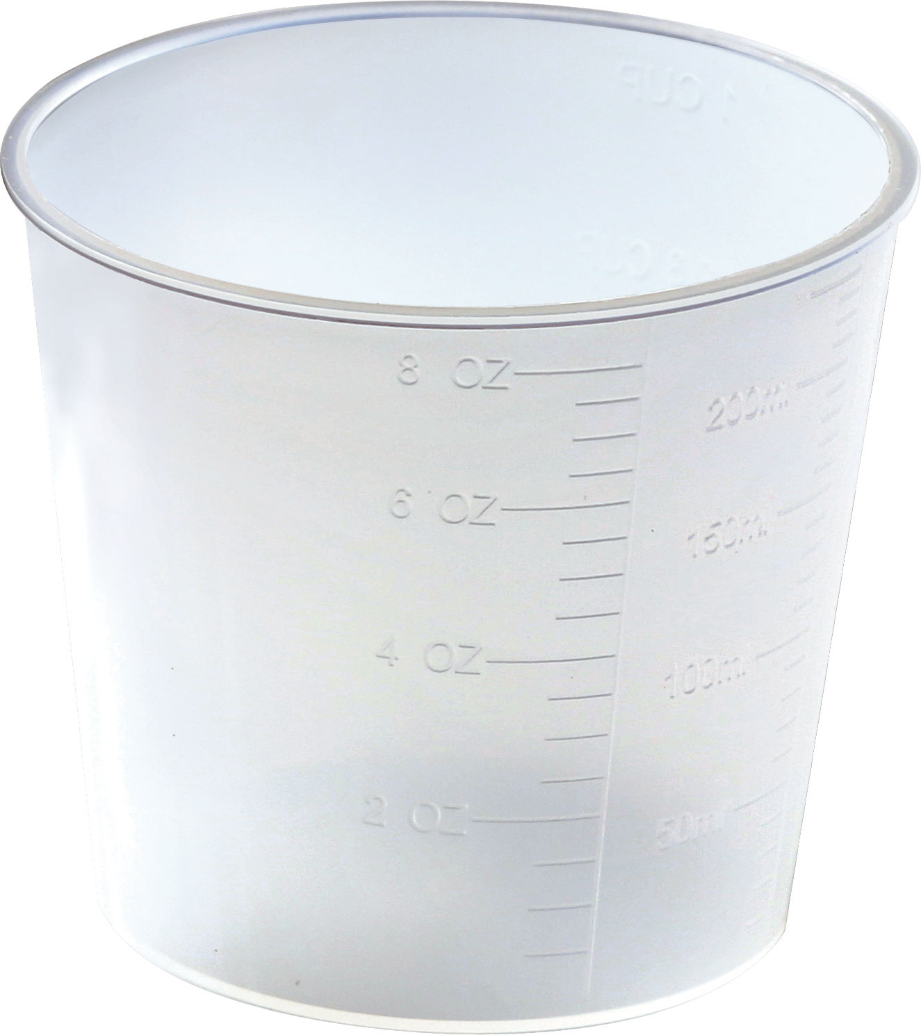 Ein klarer, transparenter Messbecher mit Markierungen für Unzen und Milliliter.