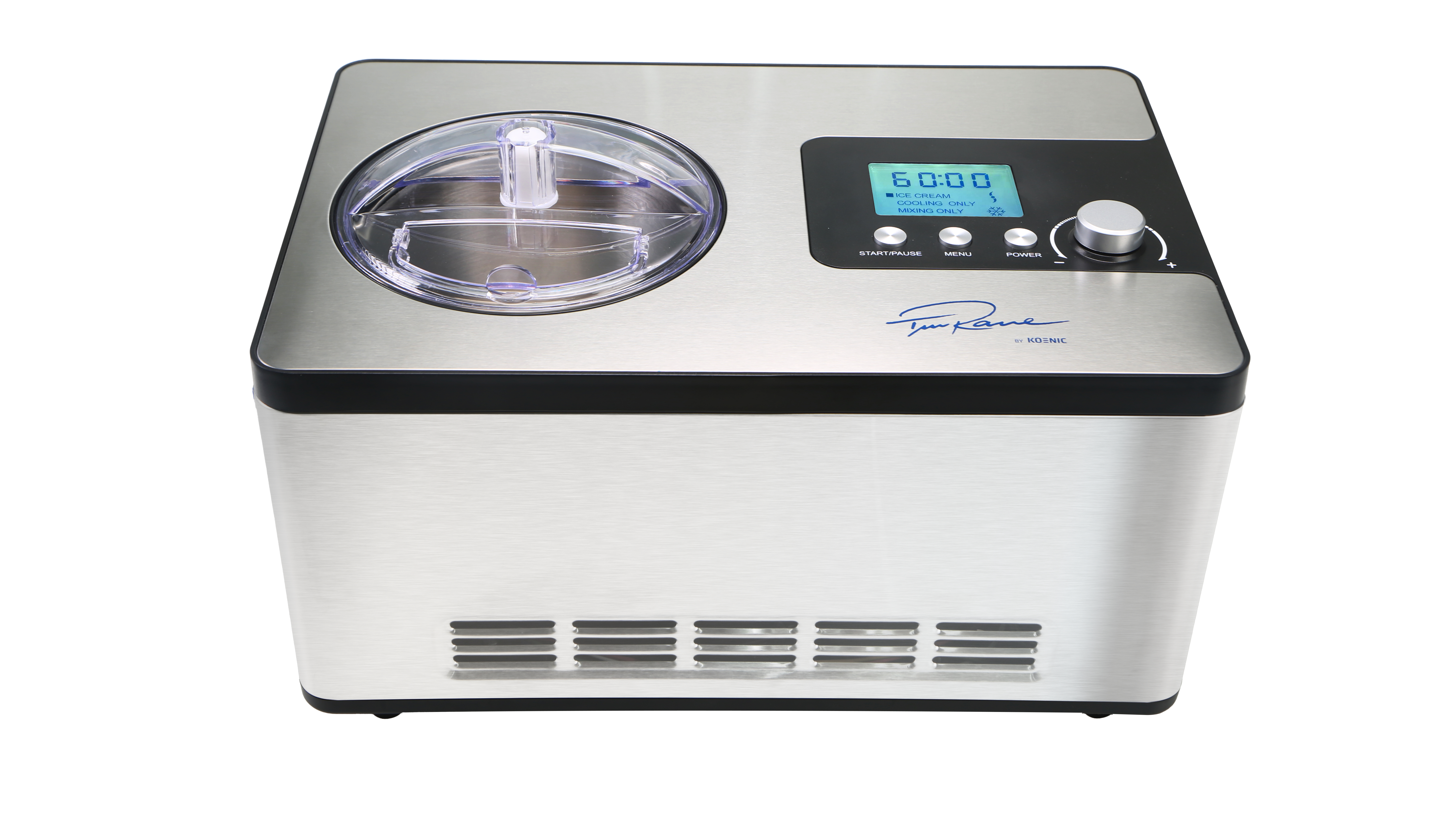 Eine Eismaschine mit transparentem Deckel, Display und Bedienfeld.