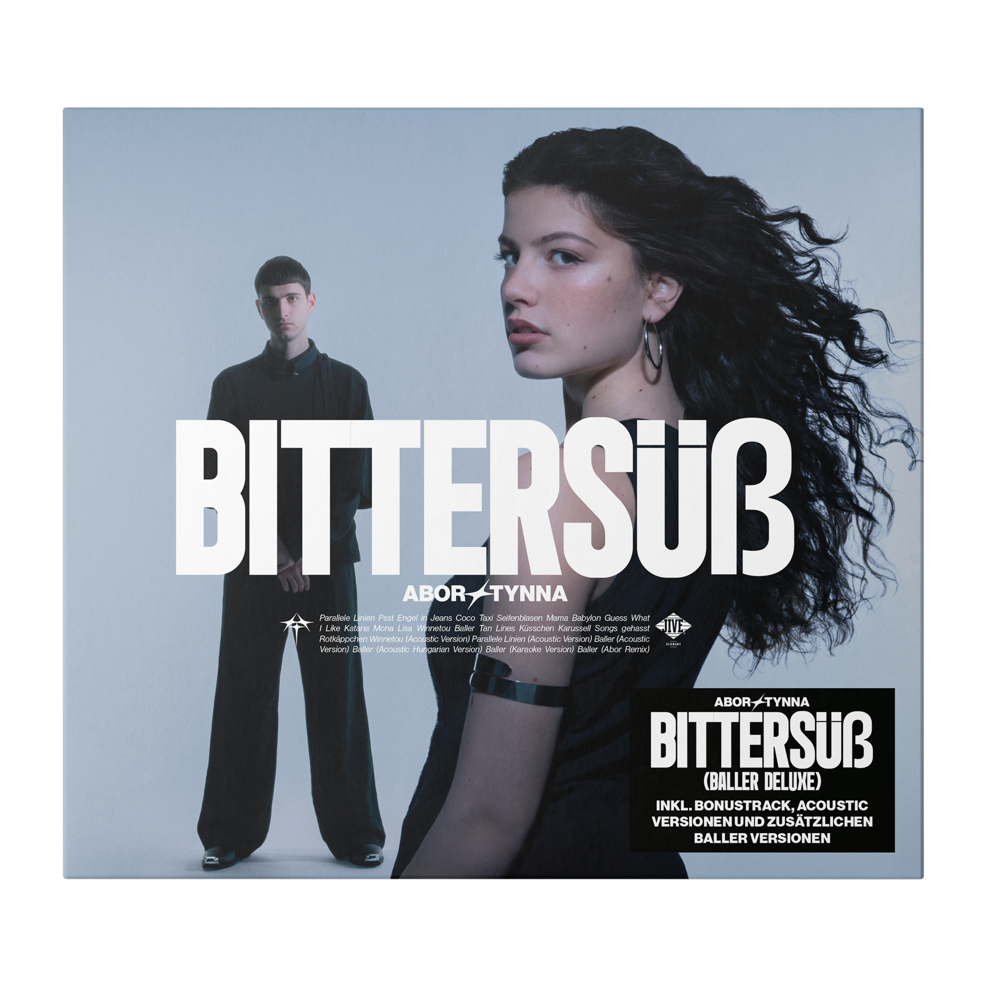 Albumcover. Eine Frau und ein Mann stehen auf weißem Hintergrund. Der Albumtitel 'Bittersüß' steht in großen schwarzen Buchstaben.