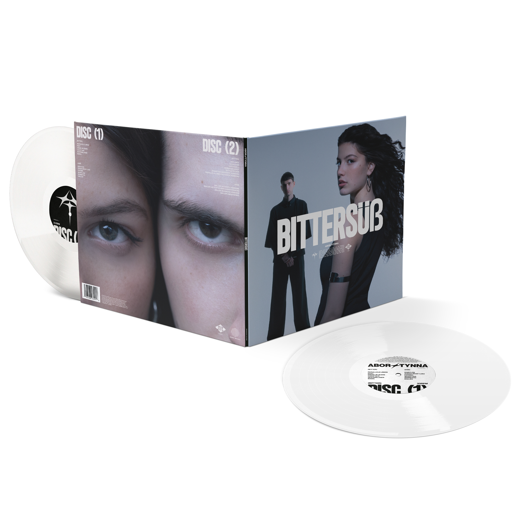 Albumcover mit zwei Personen, zwei weißen Schallplatten und einer Box.