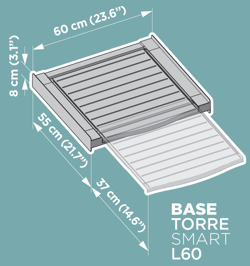 Az izometrikus diagram egy téglalapot mutat méretekkel és a 'BASE TORRE SMART L60' szavakkal.