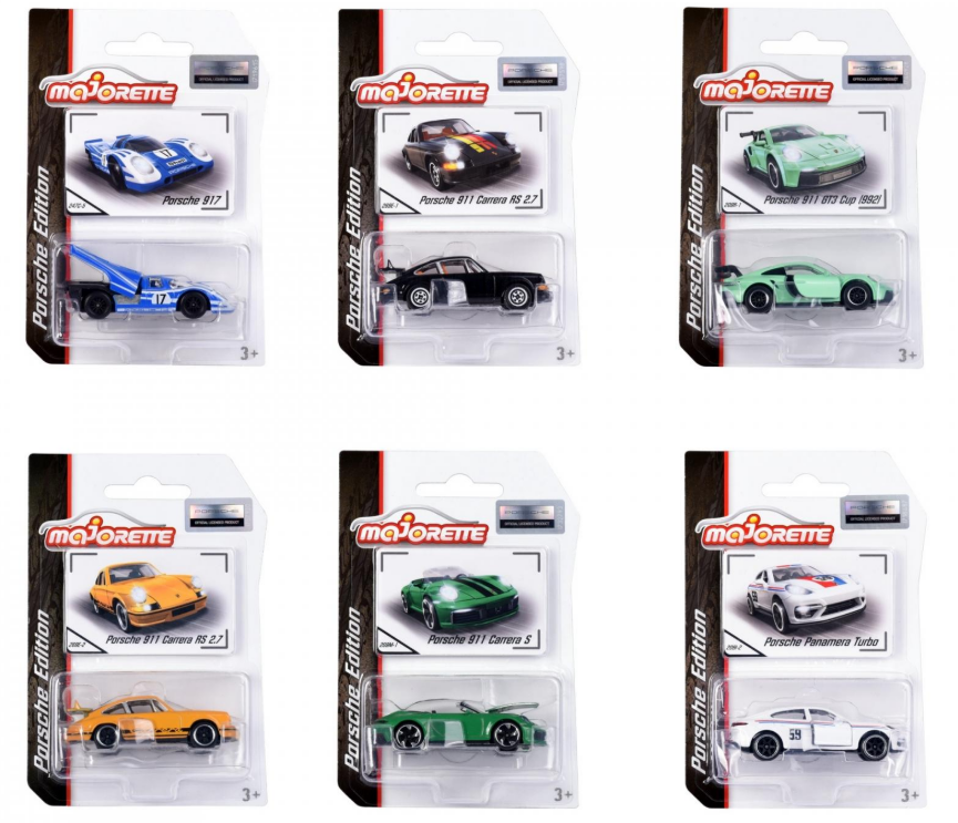 Sechs Spielzeugautos in ihrer Originalverpackung.