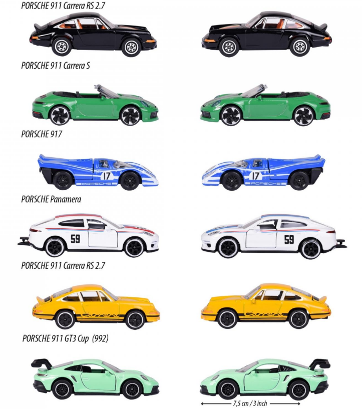 Eine Reihe von Spielzeug-Porsche-Autos in verschiedenen Farben. Schwarz, grün, blau, weiß, gelb und grün.