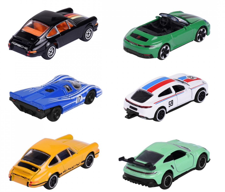Sechs Spielzeug-Porsche-Autos in verschiedenen Farben und Designs.