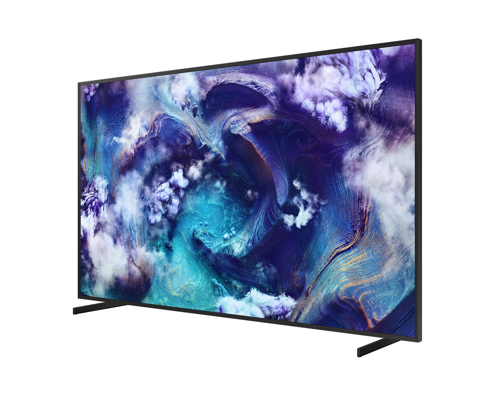 Samsung TV felhőszerű dizájnnal a képernyőn. Fekete kerete van, fekete lábakon áll.