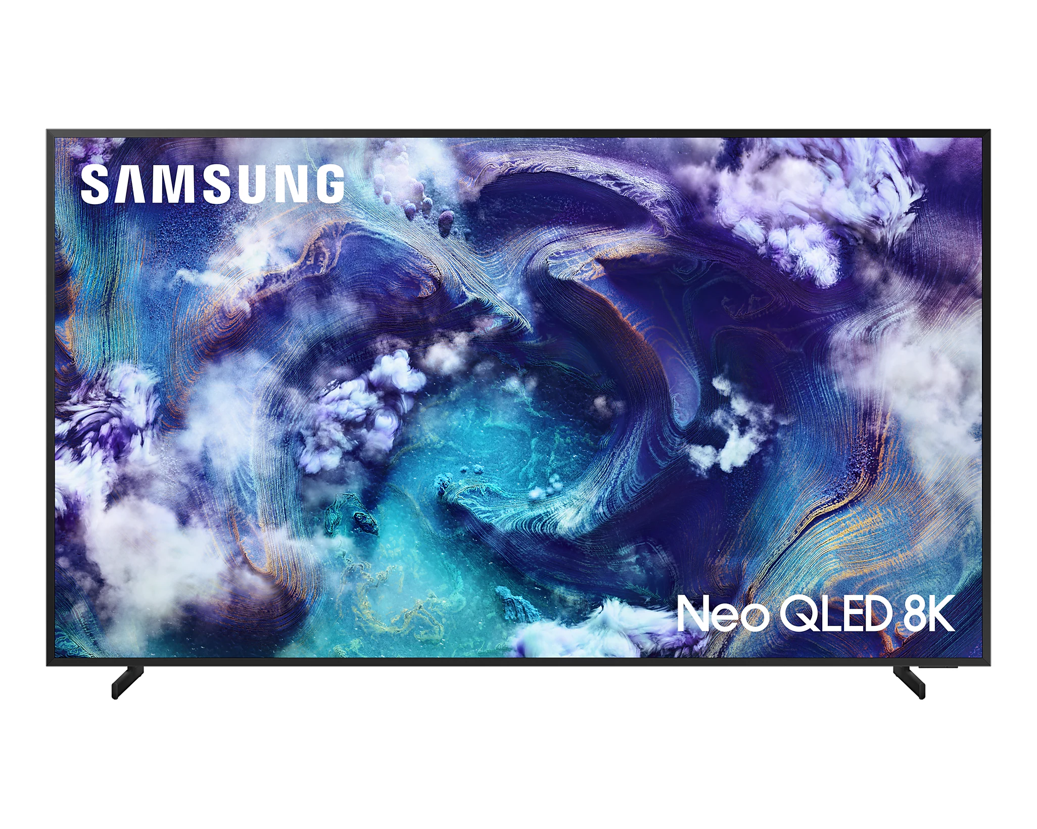 Samsung Neo QLED 8K TV. A képernyő felhőszerű dizájnt jelenít meg. A TV fekete kerettel és állvánnyal rendelkezik.