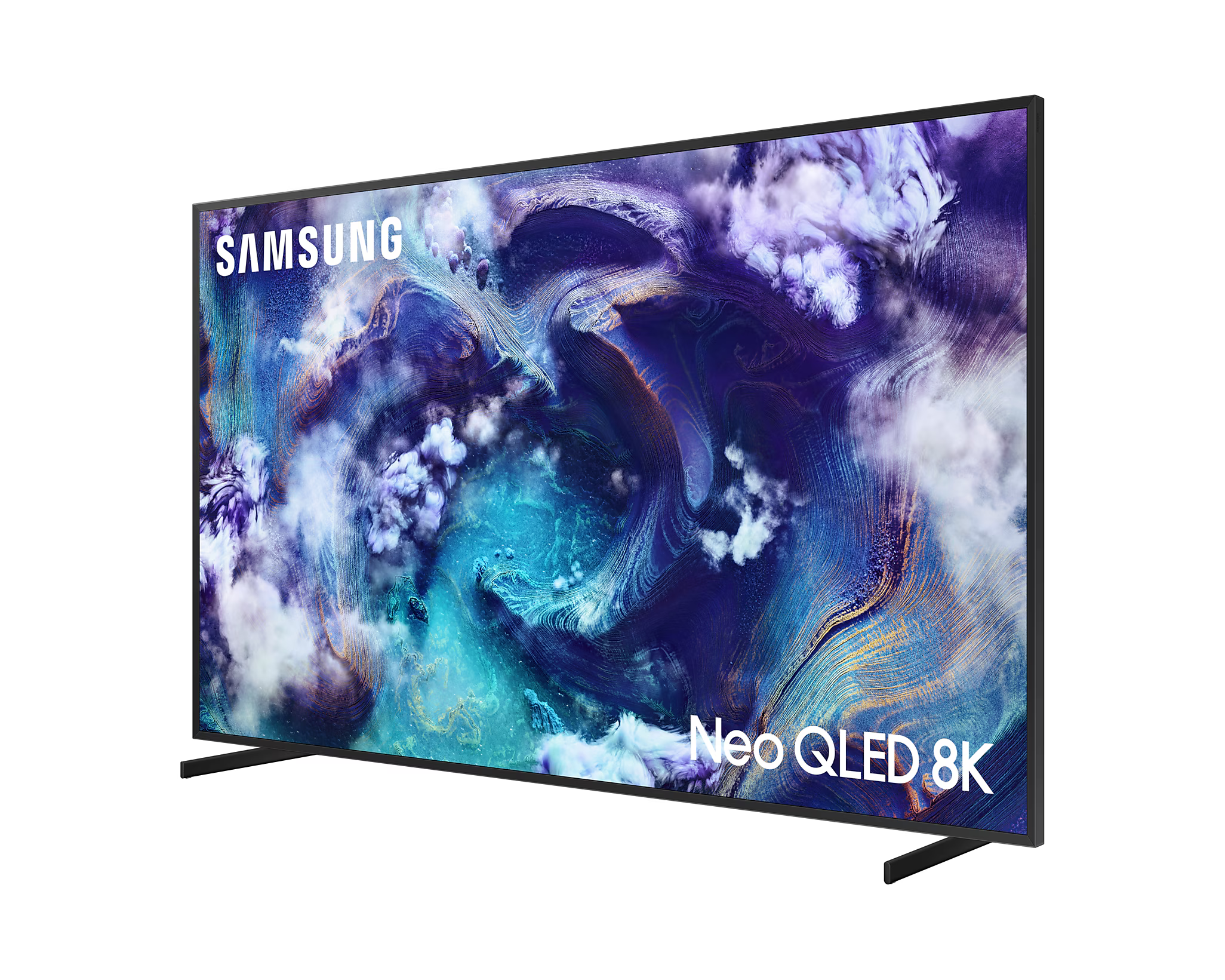 Samsung Neo QLED 8K TV. A képernyő felhőszerű dizájnt jelenít meg. A TV fekete kerettel és állvánnyal rendelkezik.