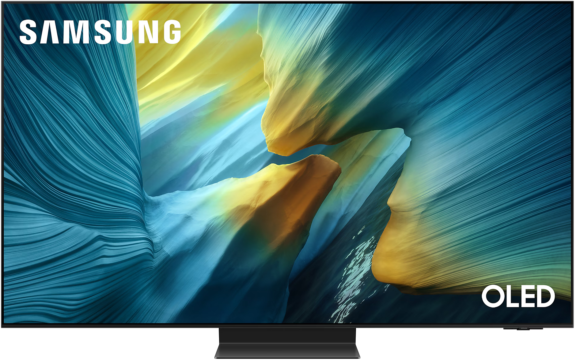 Egy Samsung OLED TV színes, absztrakt jelenetet jelenít meg sárga és kék elemekkel.
