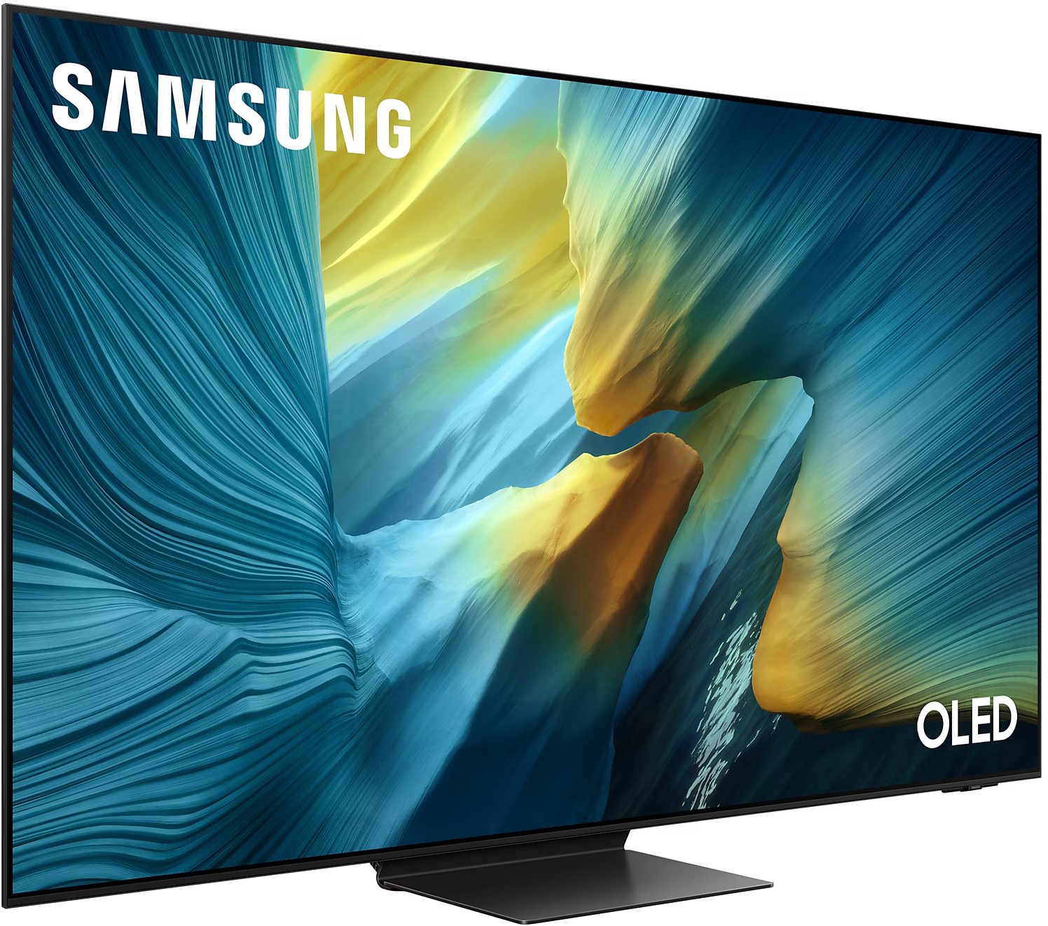 Egy nagyméretű, ívelt képernyős OLED TV fekete alappal és élénk absztrakt kijelzővel.
