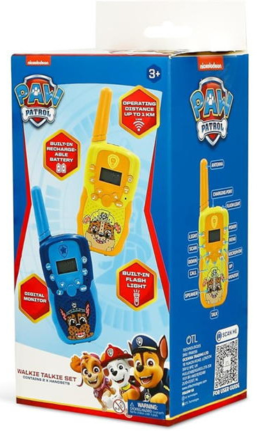 Opakowanie zestawu walkie-talkie Paw Patrol z dwoma walkie-talkie, jednym niebieskim i jednym żółtym.