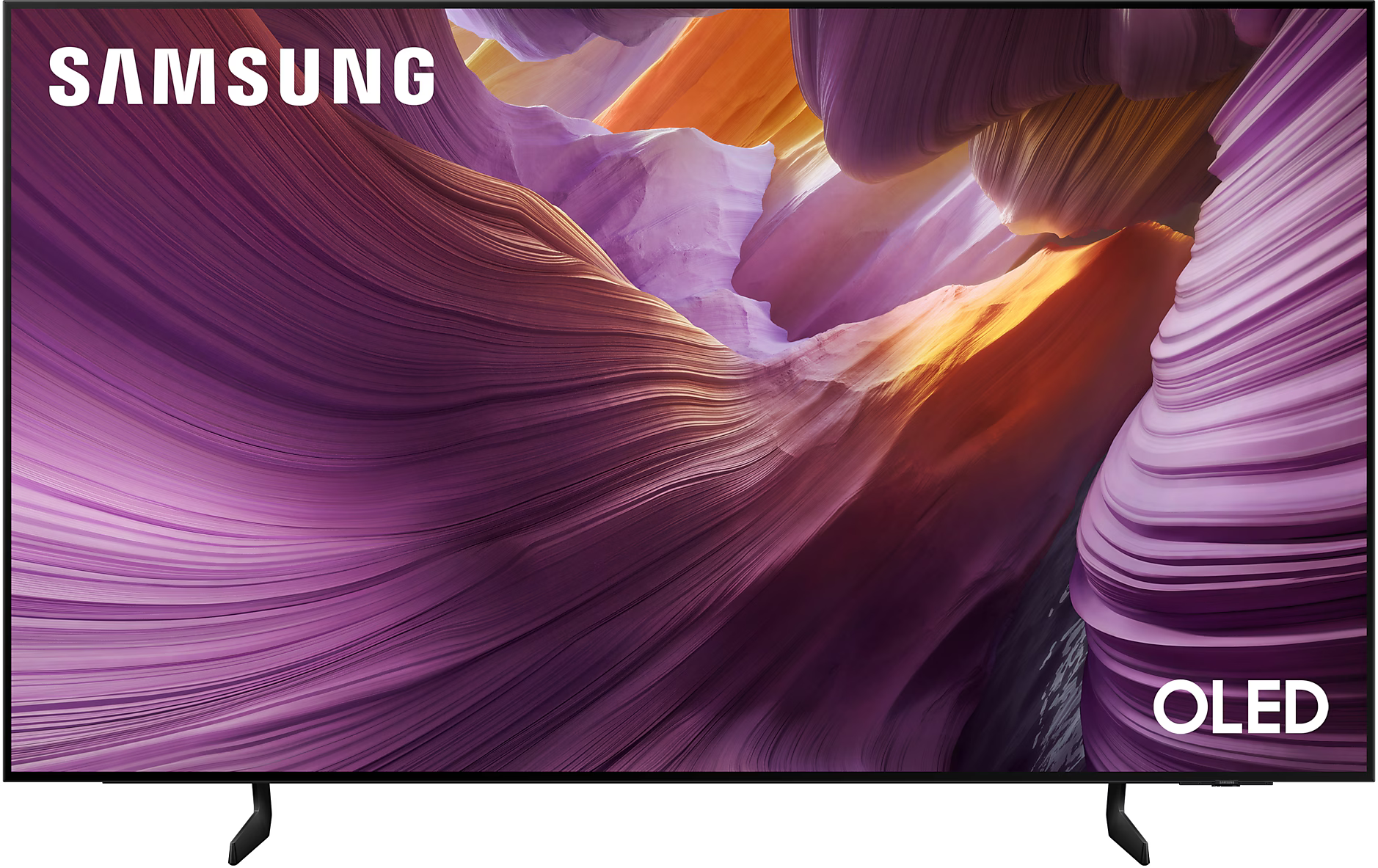 Nagy síkképernyős TV színes, elmosódott képpel, Samsung márka és OLED.