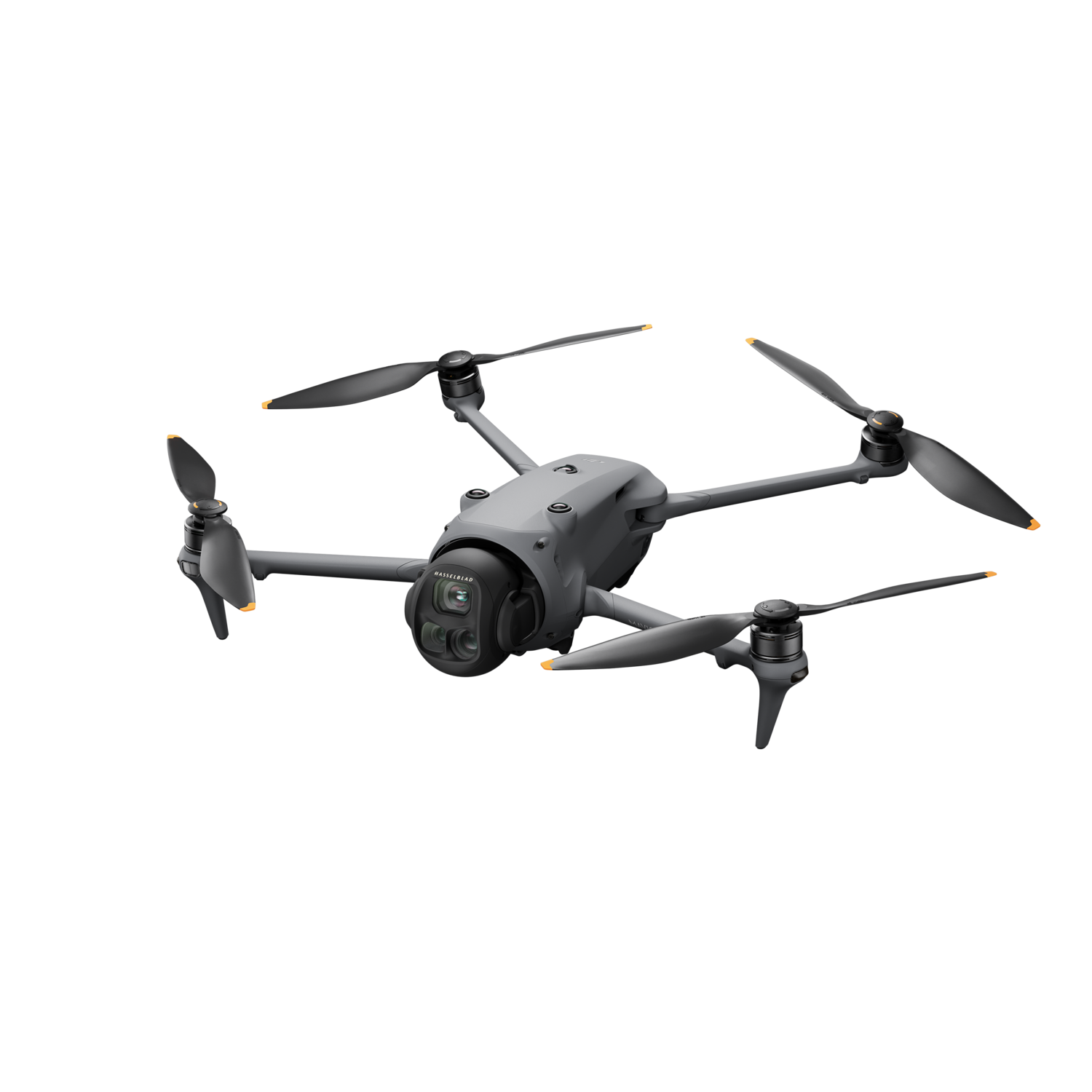 A grey drone with four propellers is centered against a black background.