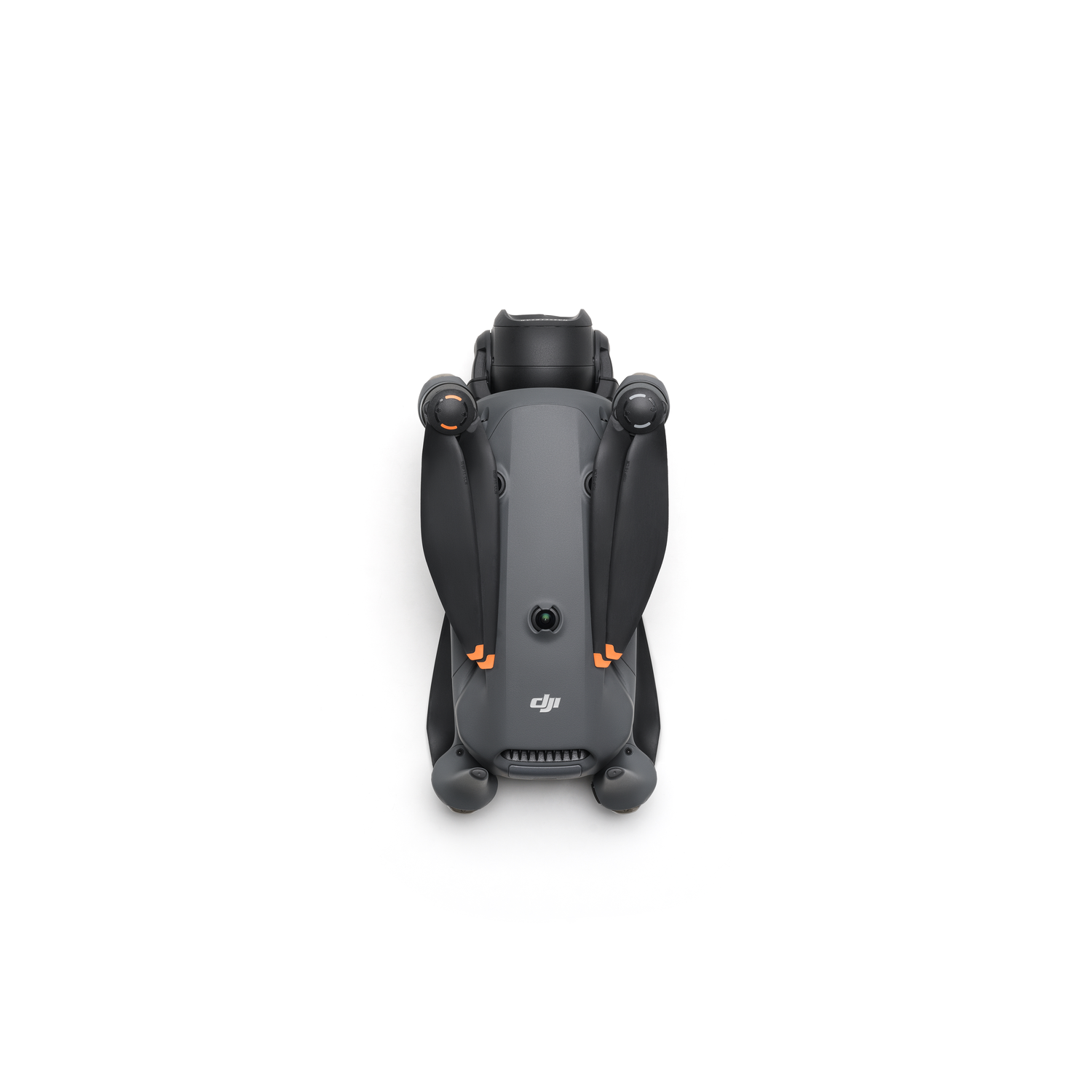 Folded black and gray drone from above, on a white background.