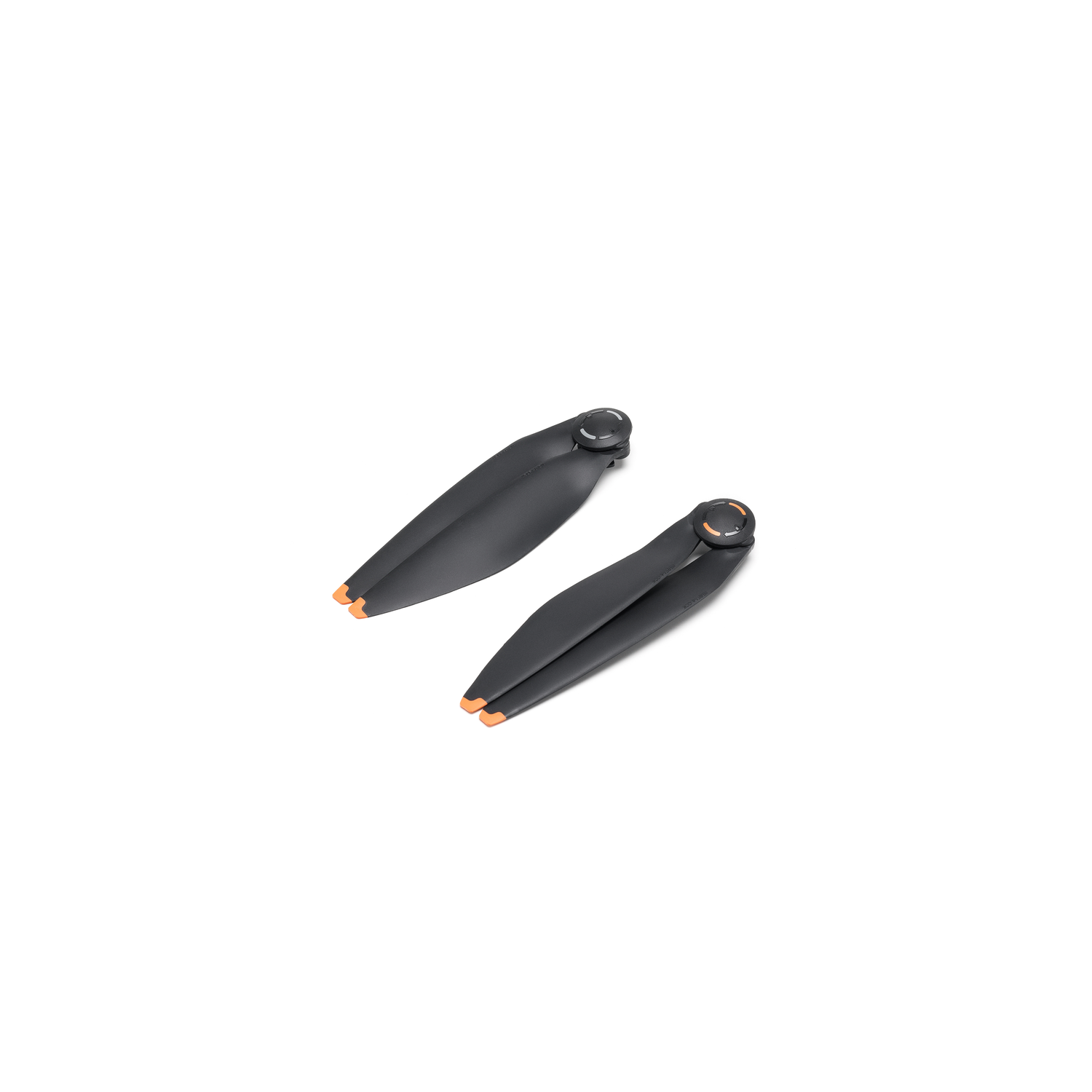 Two black drone propellers with orange tips on a white background.