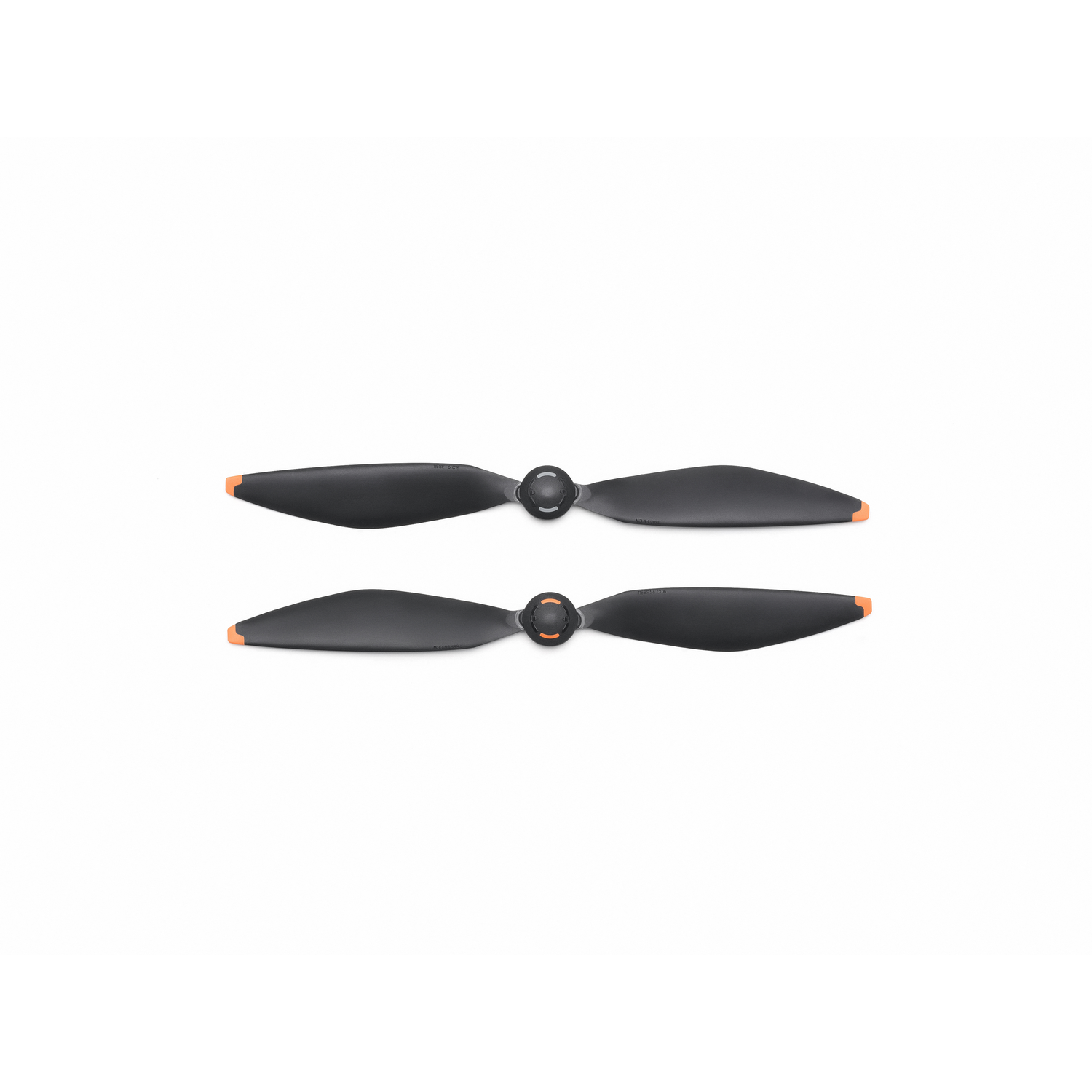 Two black drone propellers with orange tips, set against a white background.