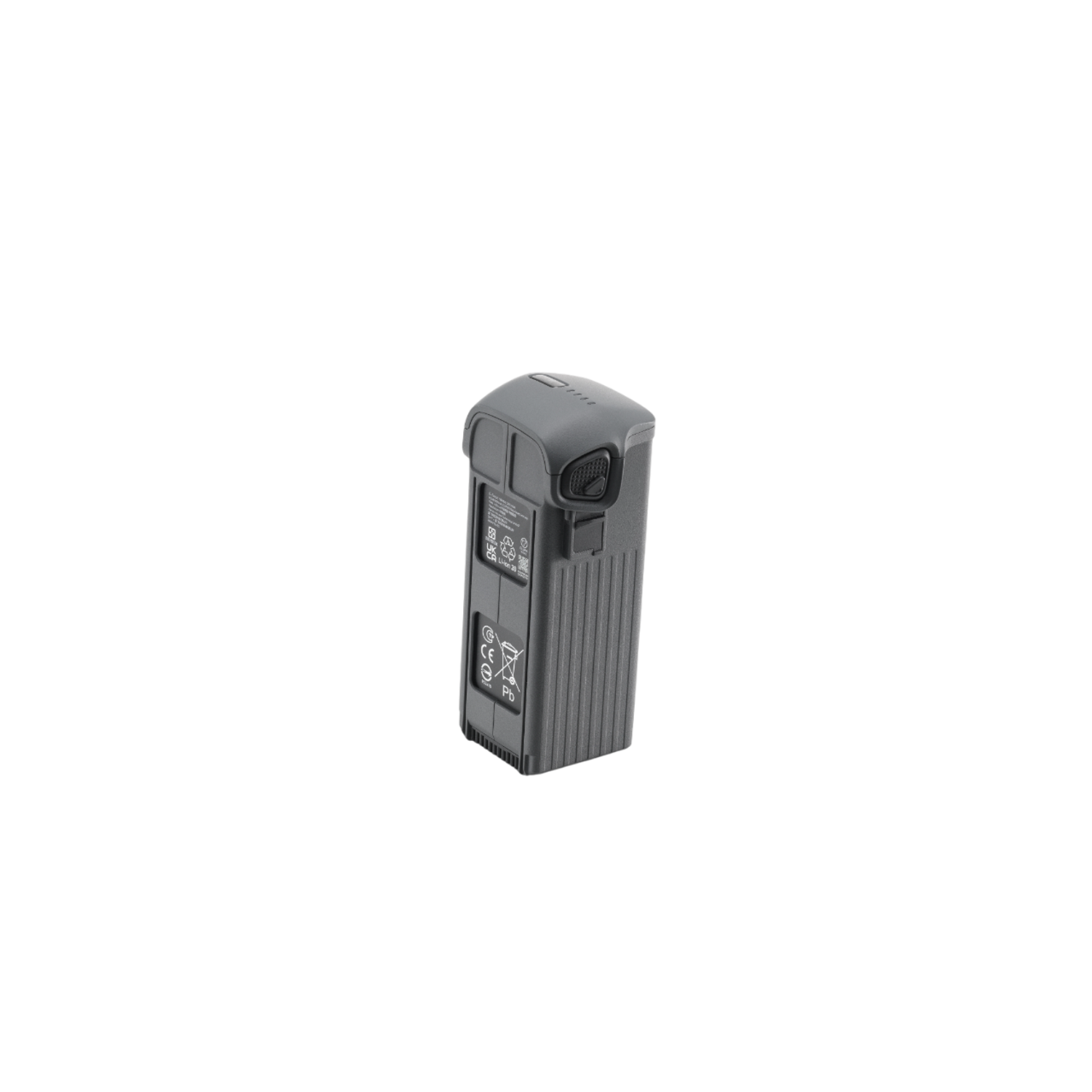 Donkergrijze rechthoekige batterij. Het heeft verschillende labels en poorten. Geïsoleerd op een zwarte achtergrond.