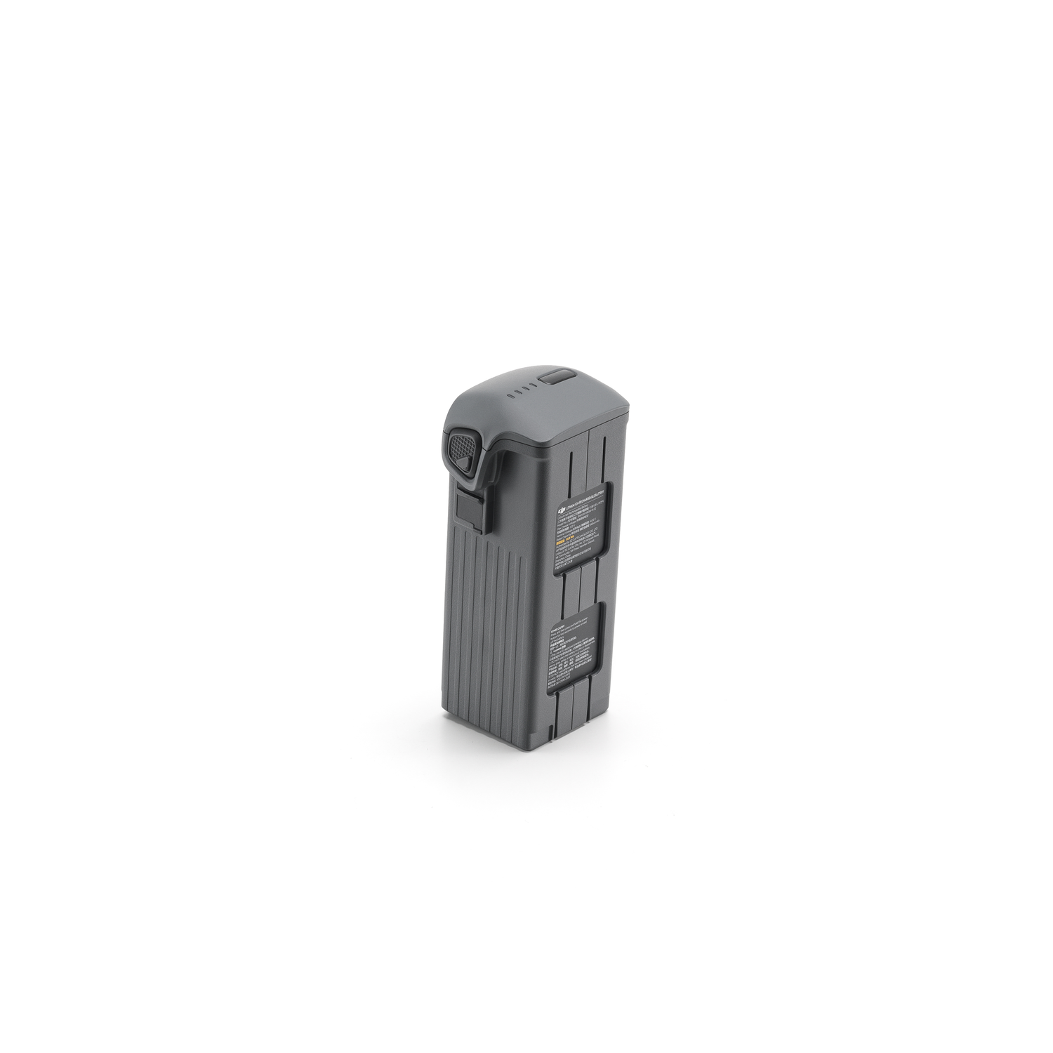 Een grijze dronebatterij met labels, op een witte achtergrond.