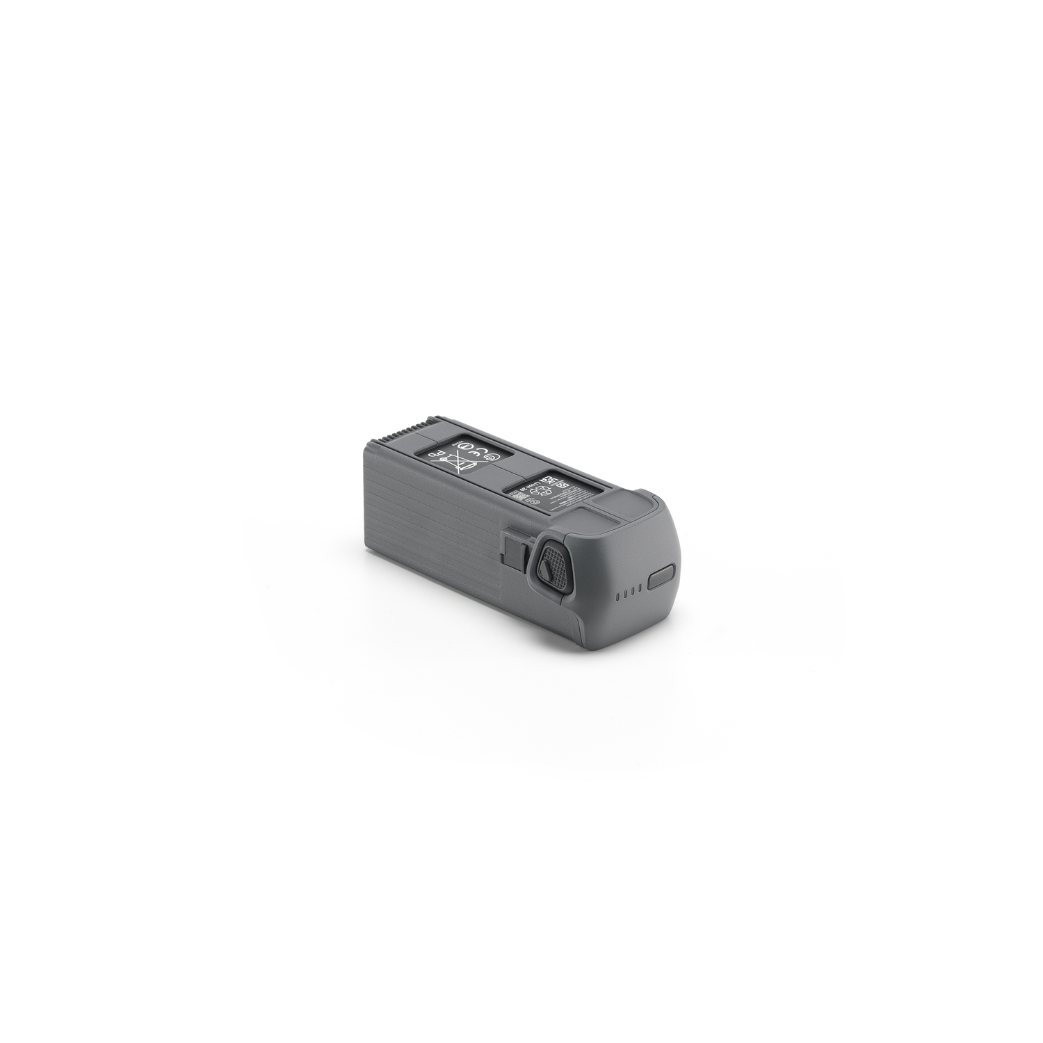 Grijze dronebatterij op wit. Met knoppen en labels.