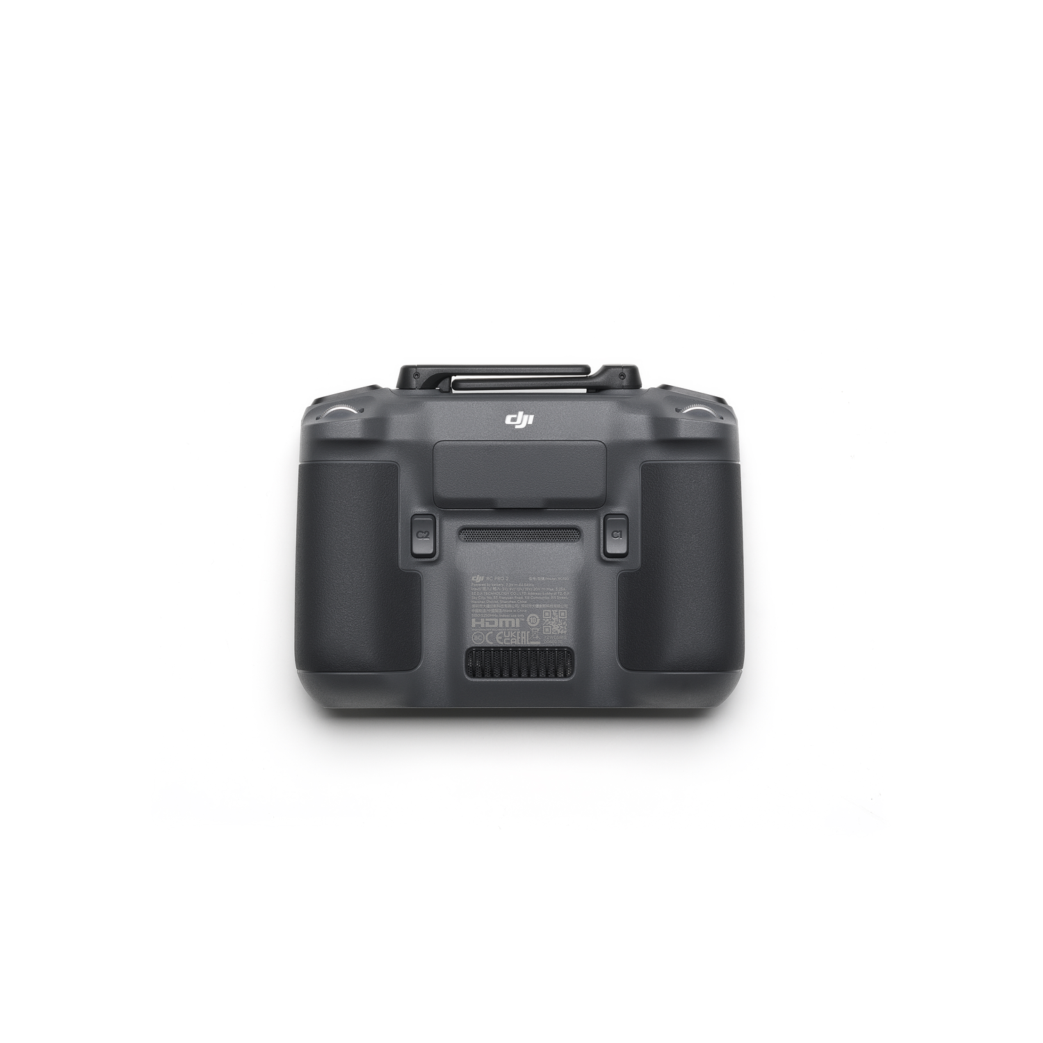 A black DJI drone controller with buttons and a logo.