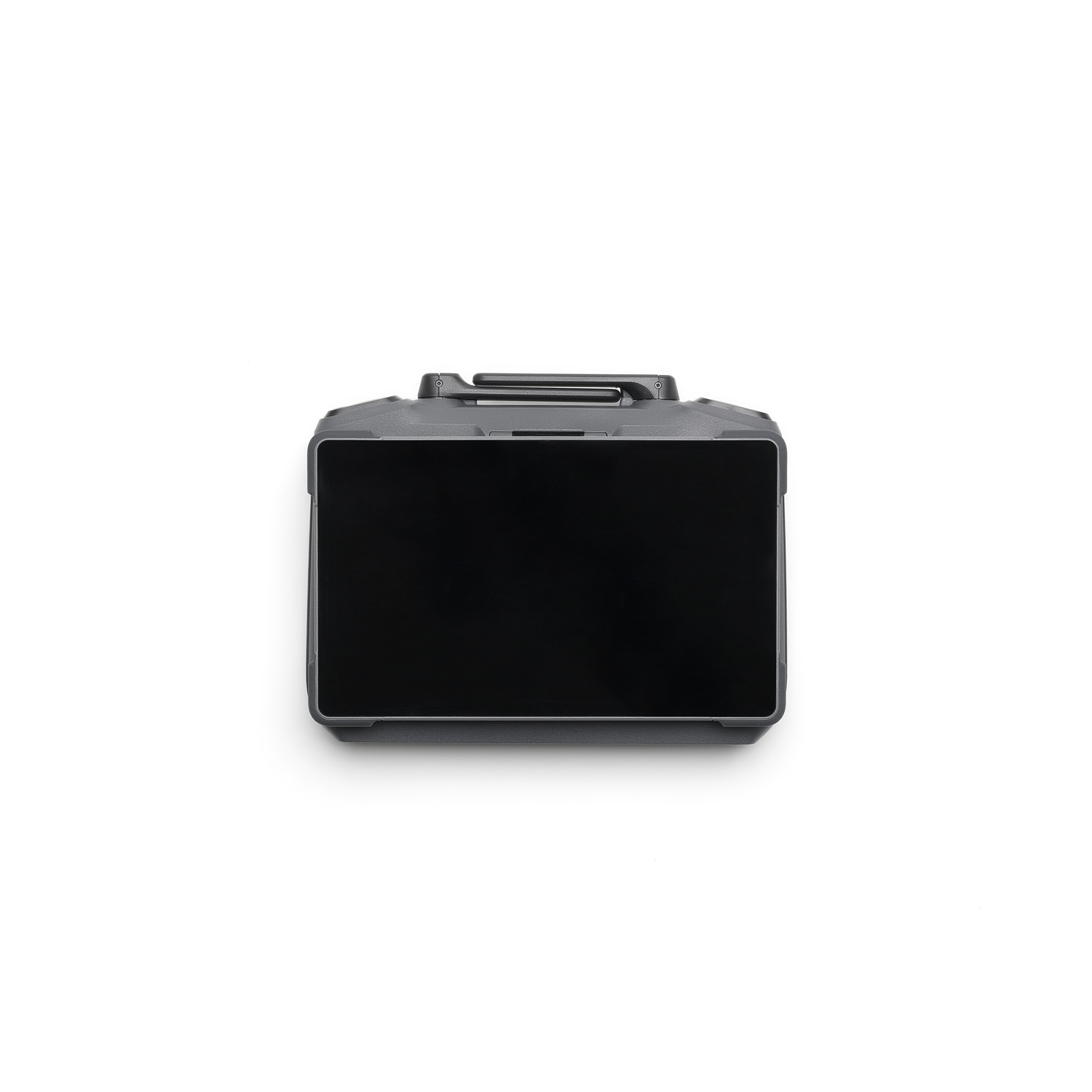 A gray and black drone camera with a black screen, set against a white background.