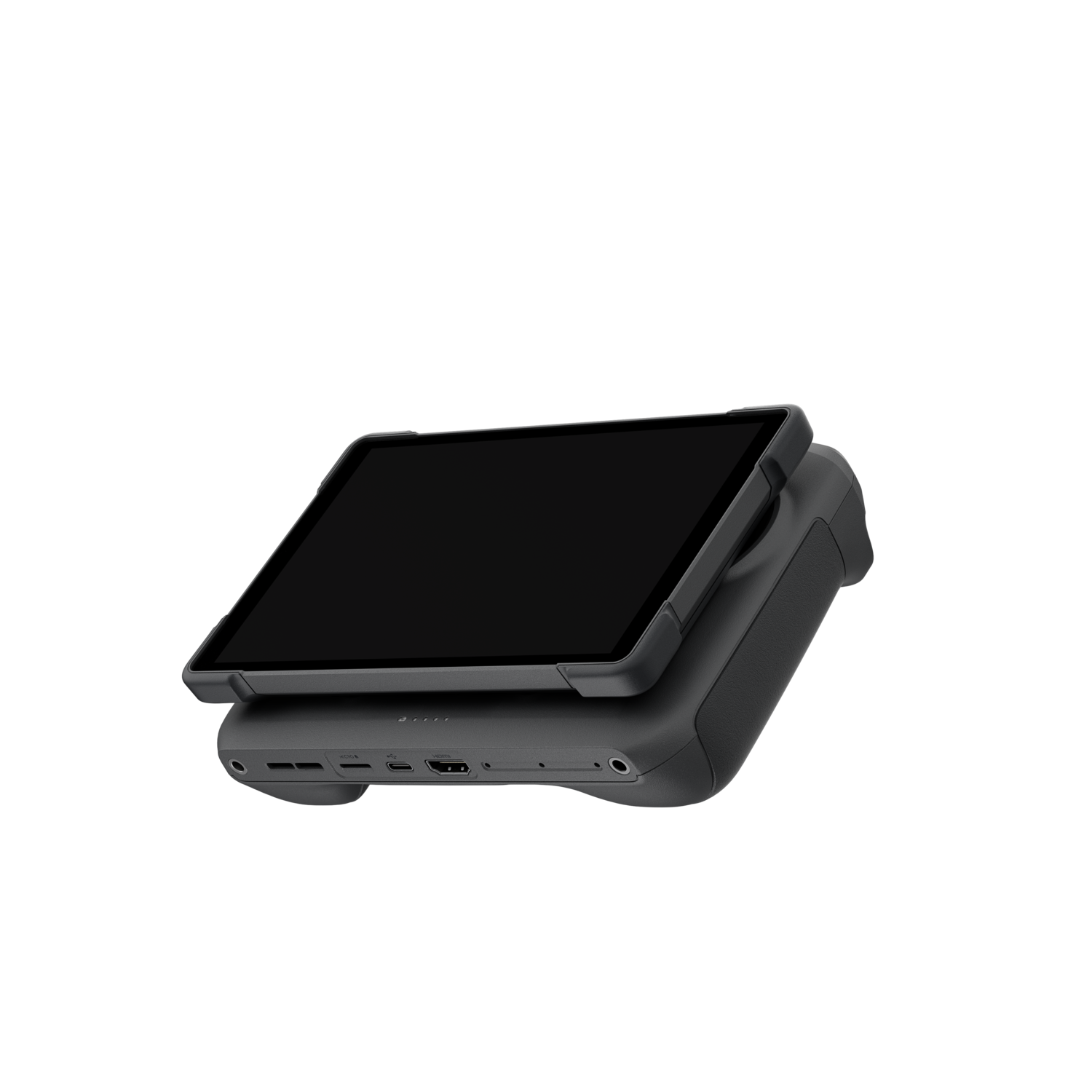 A black tablet is mounted on a black handheld controller. The screen is black.
