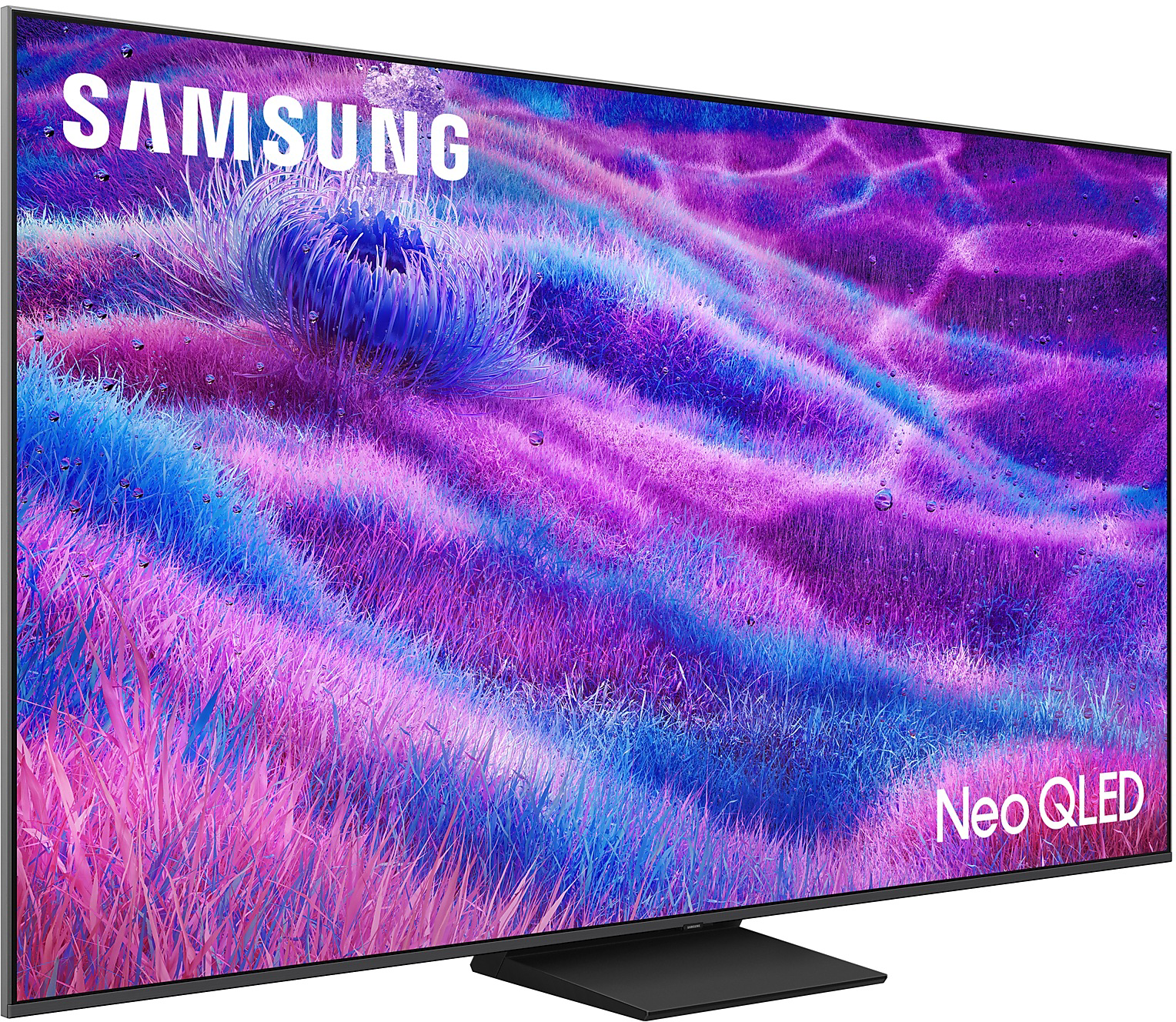 Nagy Samsung Neo QLED TV színes, absztrakt képernyővel.