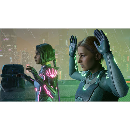 Dos mujeres con trajes futuristas. Una tiene pelo verde y una espada, la otra levanta las manos. Ciudad al fondo.
