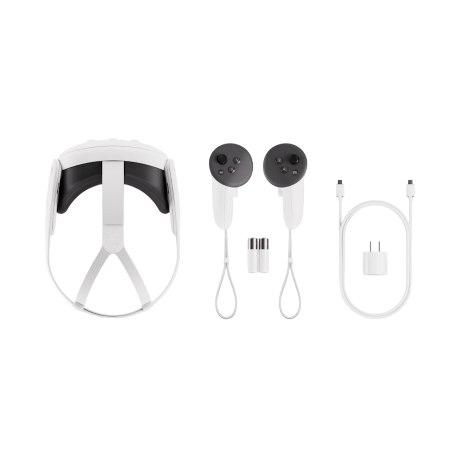 Een VR-headset, twee controllers en andere accessoires zijn netjes gerangschikt op een witte achtergrond.